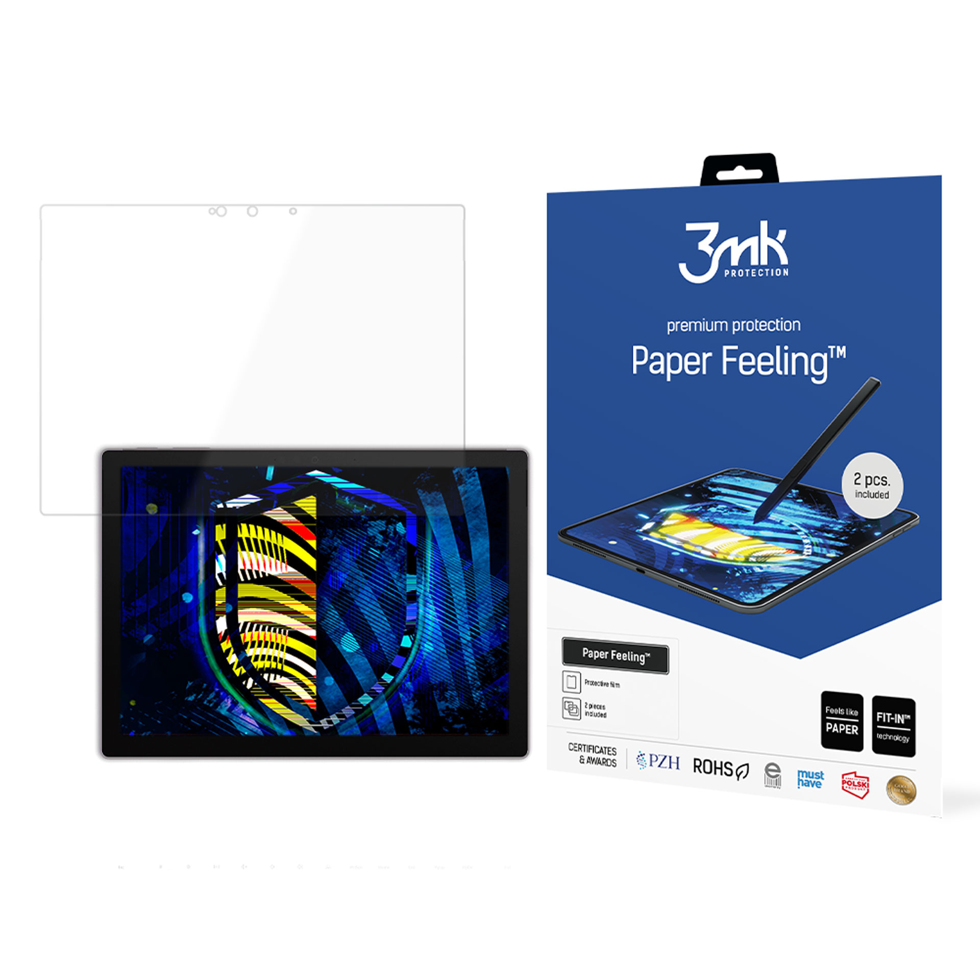 Displayschutzfolie mit Tablet und Verpackung. Die Verpackung hat Text und einen Stift.