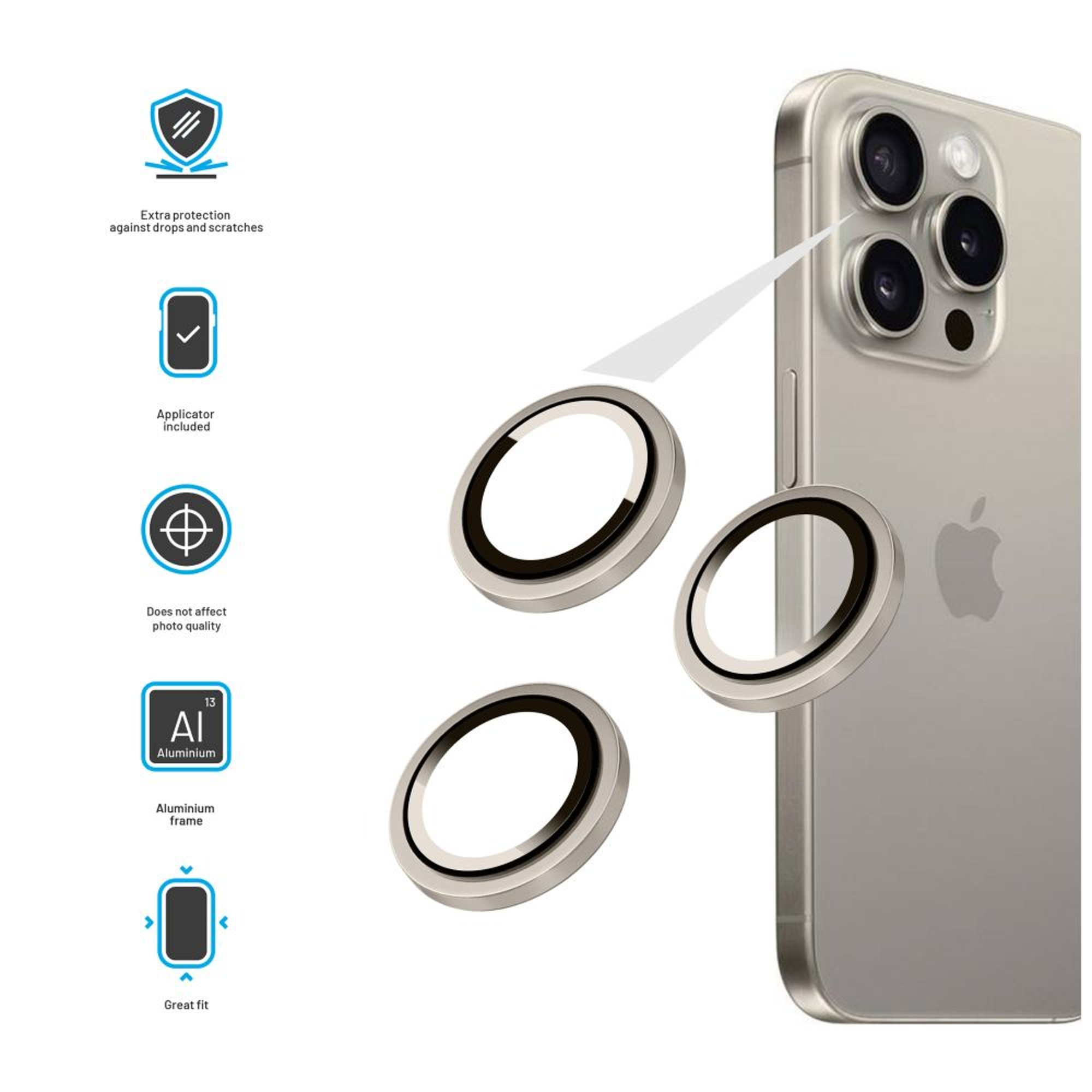L'immagine mostra un iPhone con protezioni per lenti della fotocamera. Le protezioni e le icone mostrano le caratteristiche del prodotto.