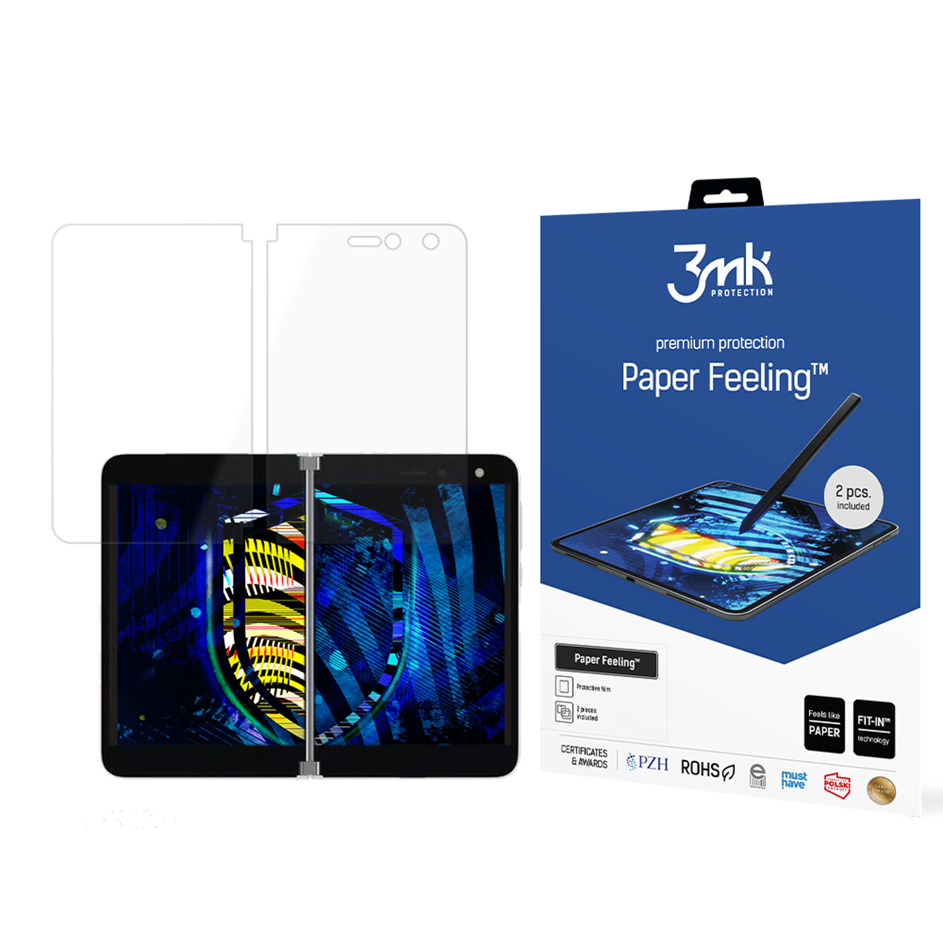 Ein Tablet mit Displayschutzfolien und einer Produktverpackung. Die Box wirbt mit 'Paper Feeling' Displayschutz.