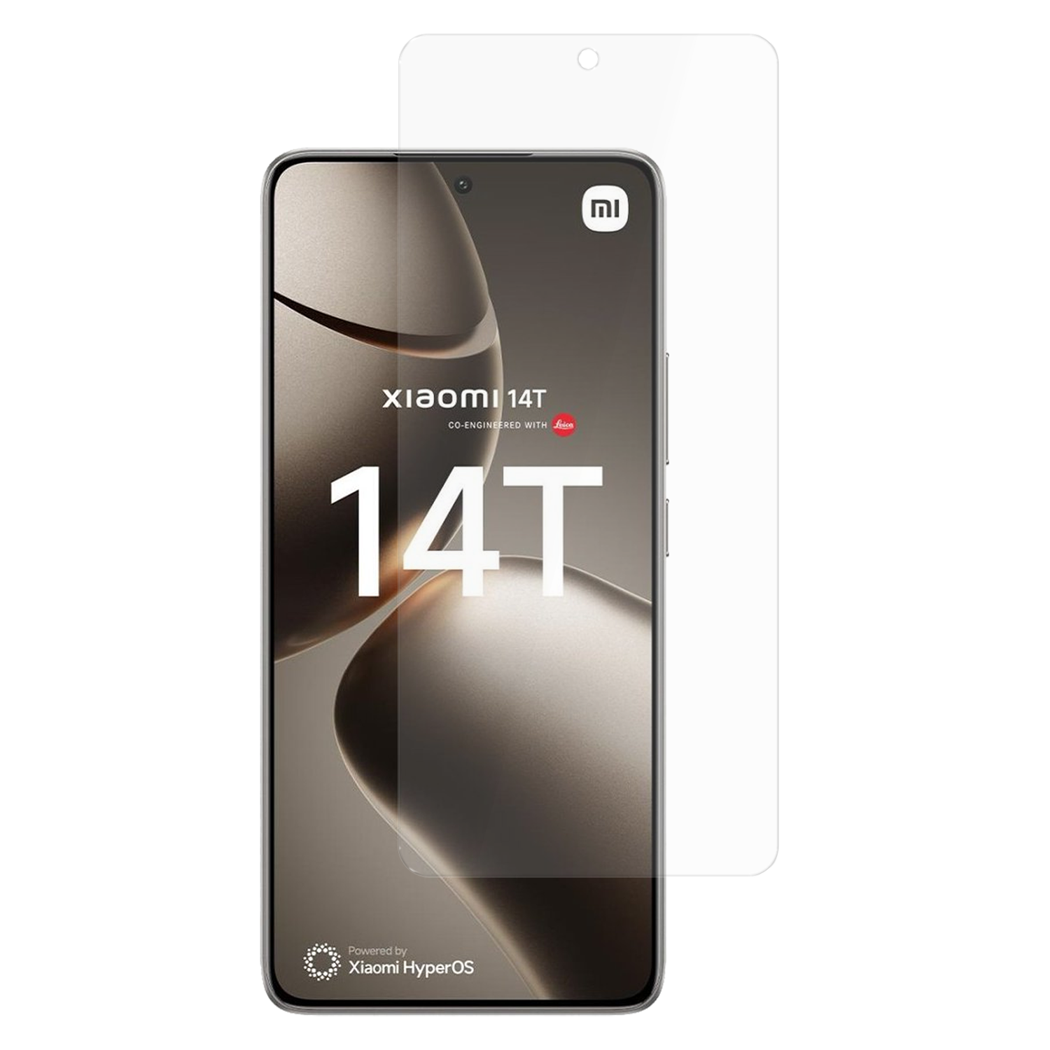 Ein Xiaomi 14T-Telefon mit Displayschutzfolie. Das Telefon hat den Text '14T' und 'Xiaomi HyperOS'. Das Logo von 'Leica' ist sichtbar.