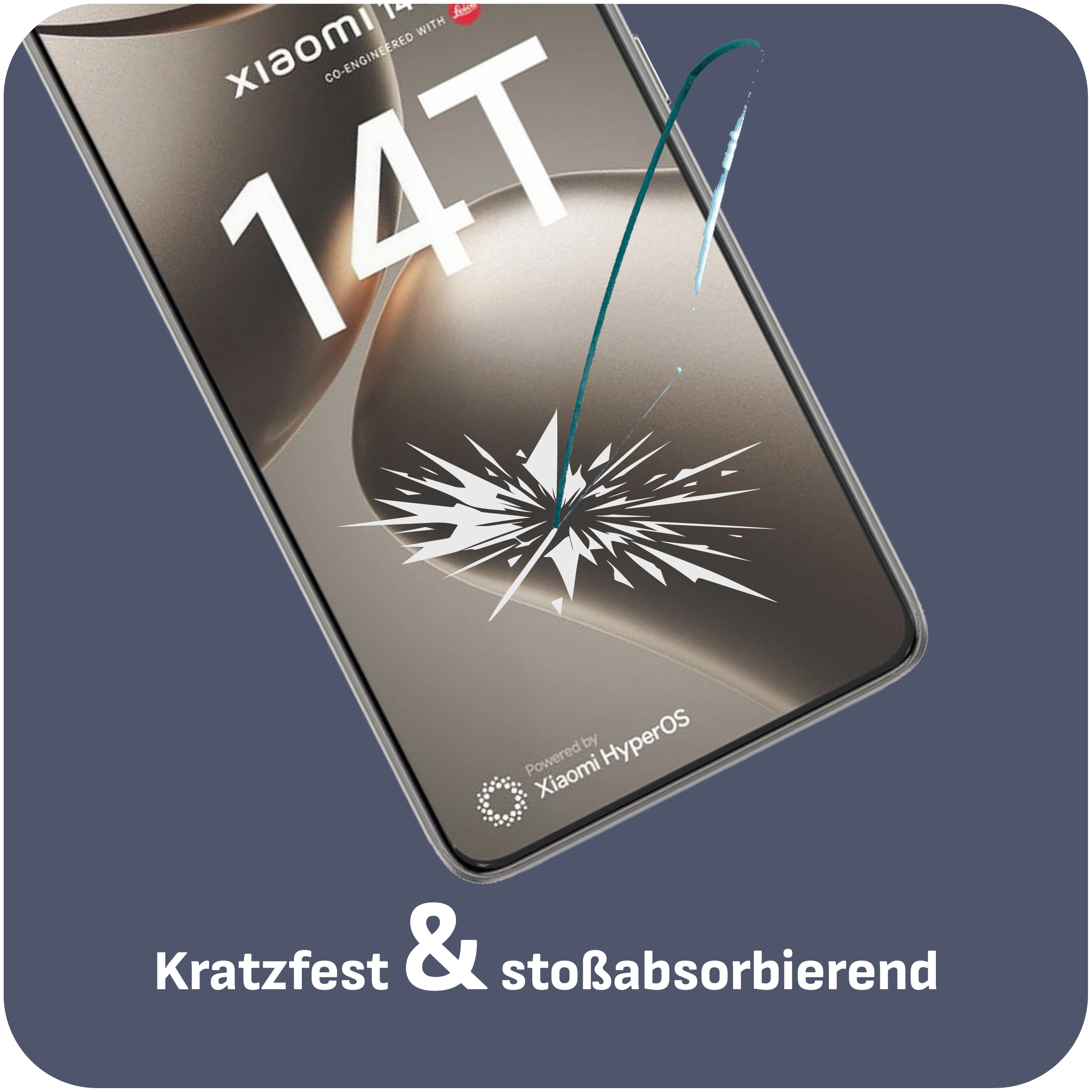 Xiaomi 14T-Telefon mit einem Rissbildschirm-Effekt. Text: Kratzfest & stoßabsorbierend. Blauer Hintergrund.