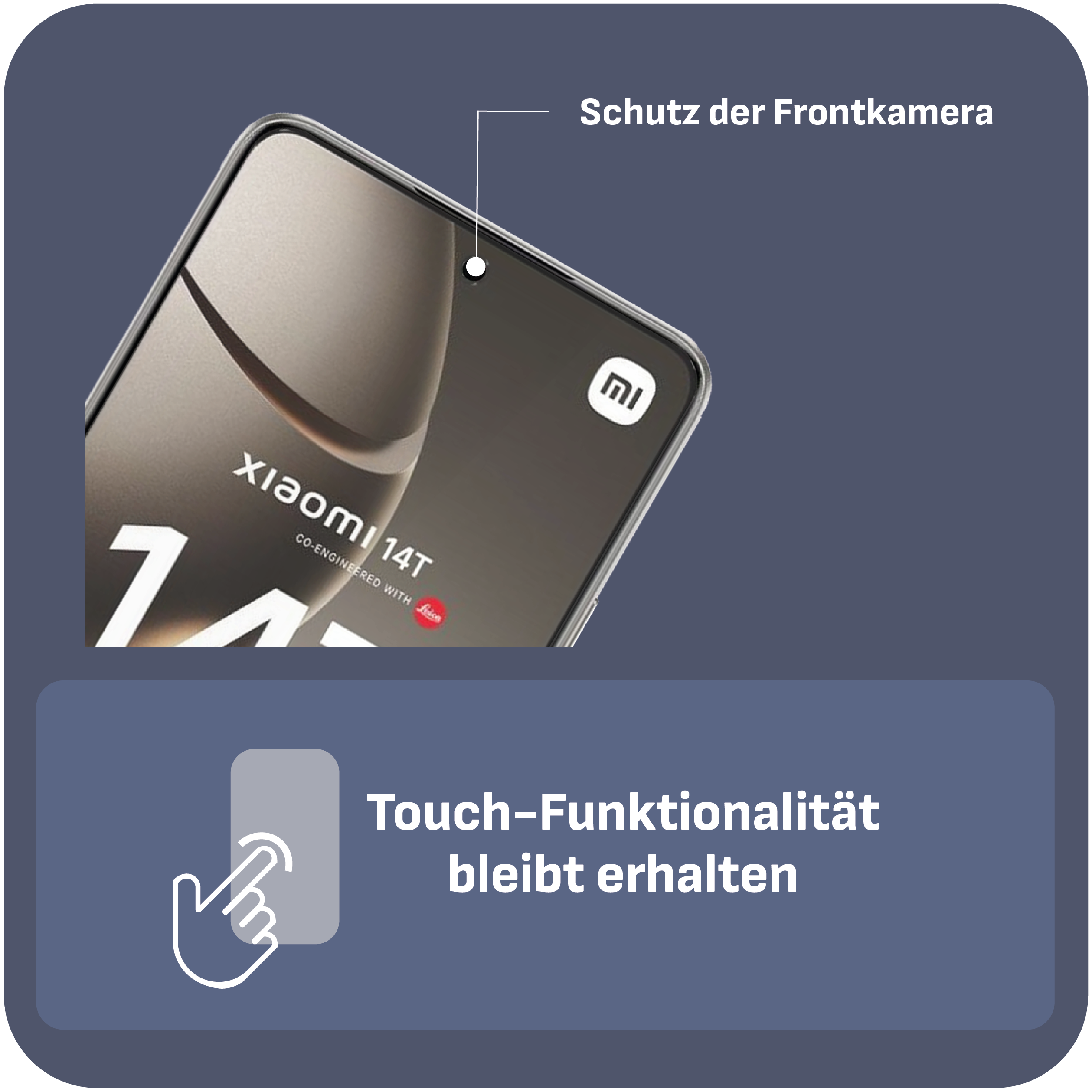 Ein Telefonbildschirm zeigt Text und ein Logo. Ein Handsymbol berührt ein Rechteck, darunter deutscher Text.