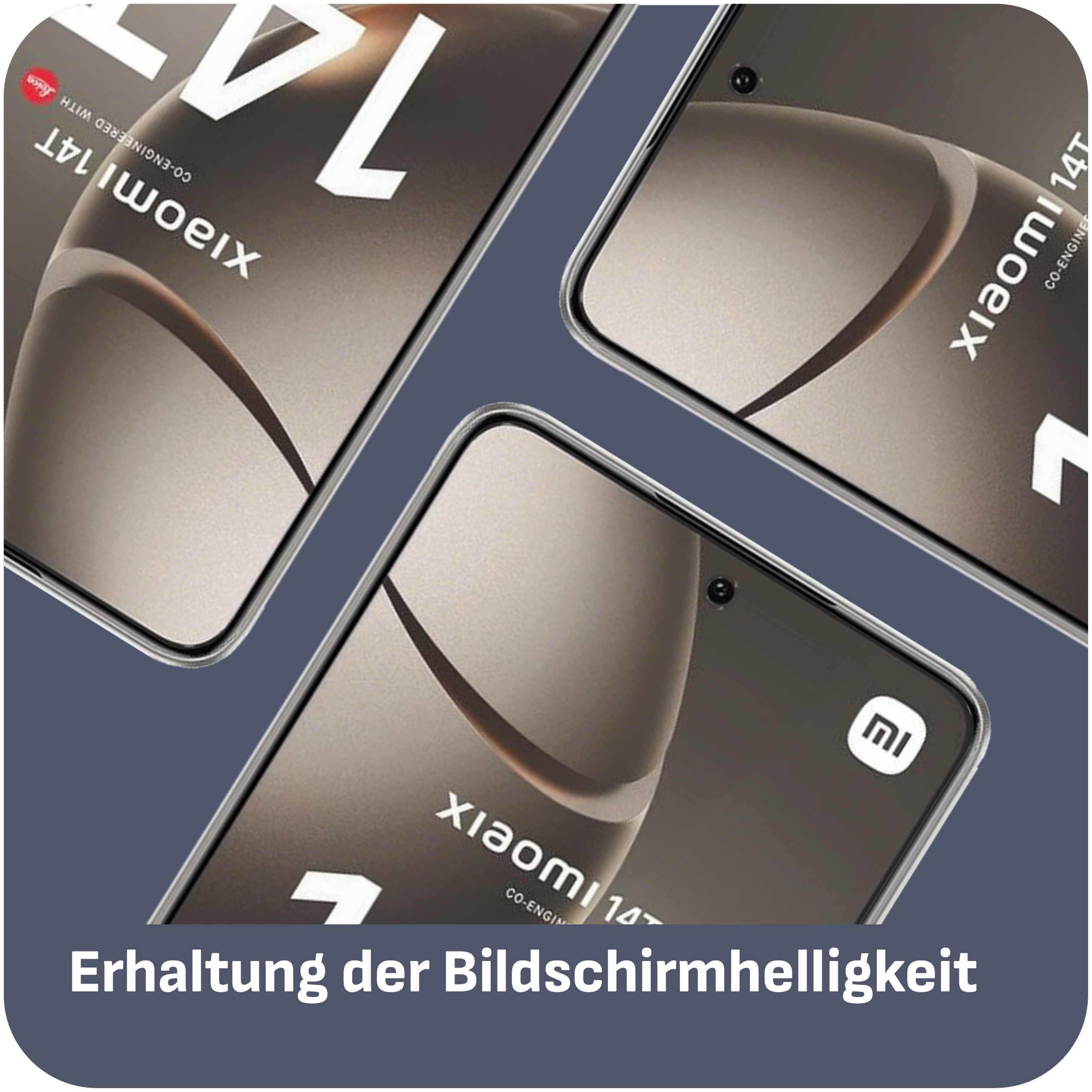 Das Bild zeigt mehrere Smartphone-Bildschirme mit Xiaomi 14T-Branding. Der Text "Erhaltung der Bildschirmhelligkeit" ist sichtbar.