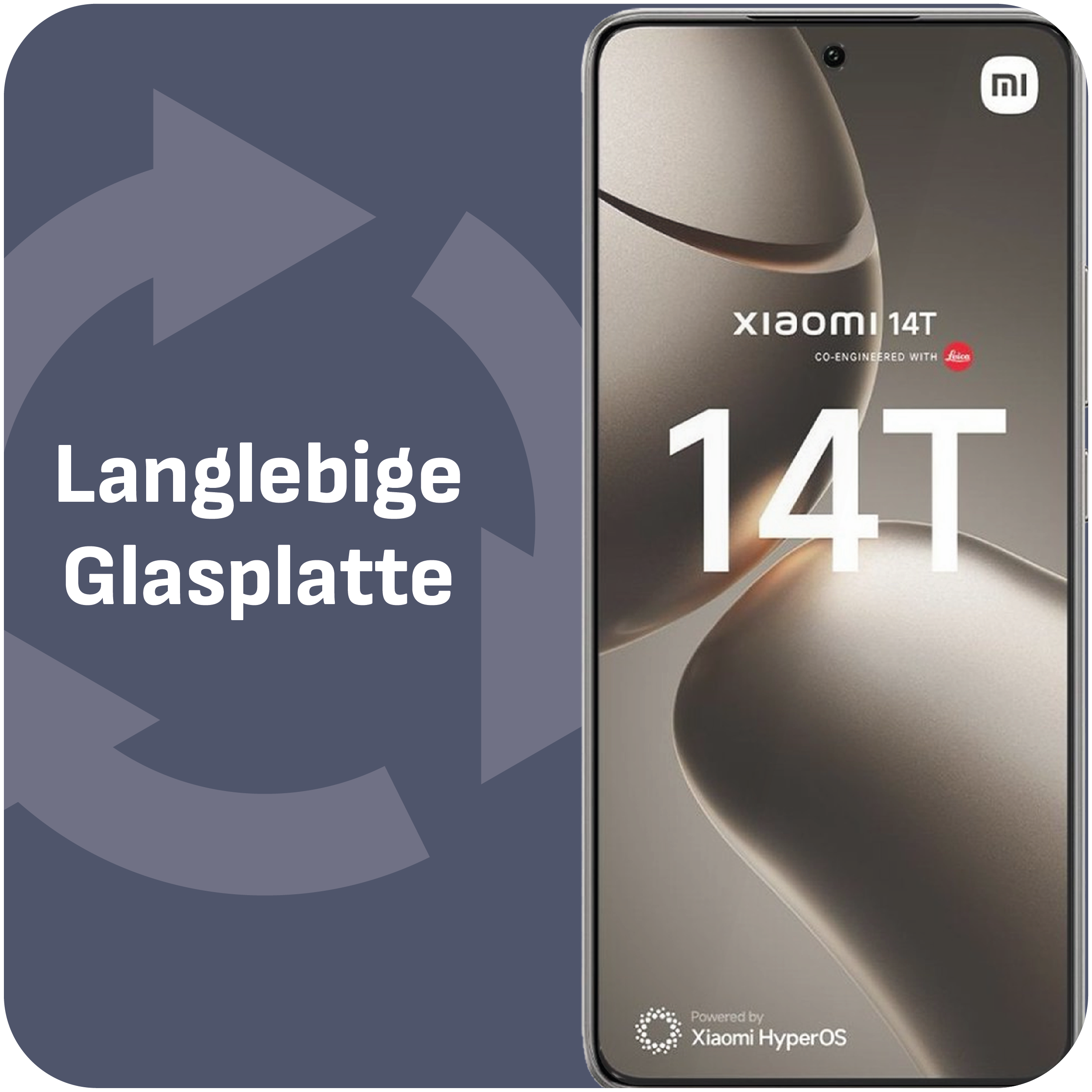 Das Bild zeigt ein Xiaomi 14T-Telefon mit Text und Logo. Der Hintergrund ist ein Gradient aus Blau und Grau.
