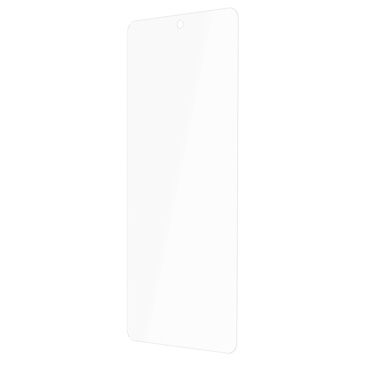 Ein klarer, rechteckiger Displayschutz für ein Telefon, mit abgerundeten Ecken und einem kleinen kreisförmigen Ausschnitt oben.