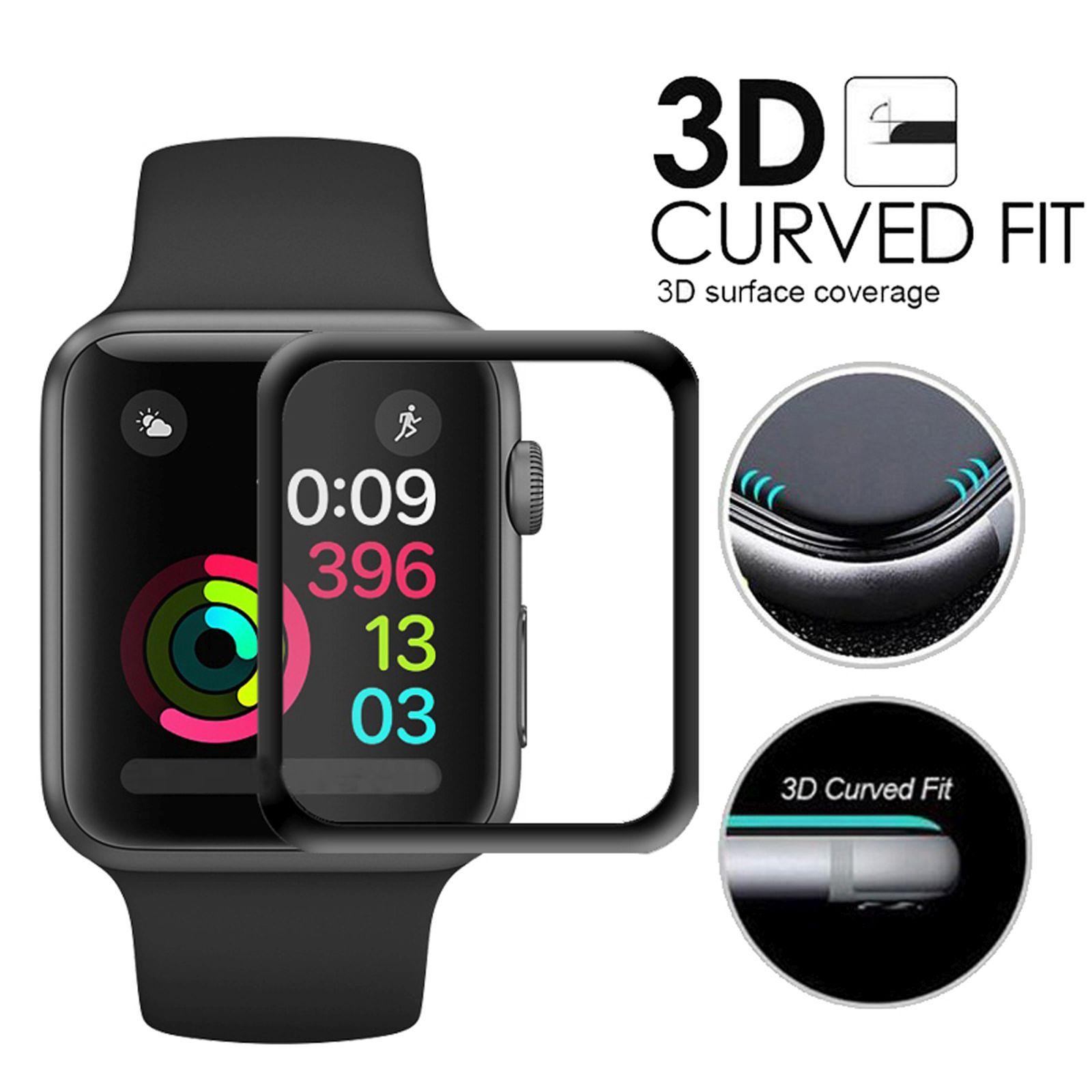 Schwarze Apple Watch mit Displayschutz. Anzeige zeigt Zeit und Fitnessdaten. Text: 3D Curved Fit.