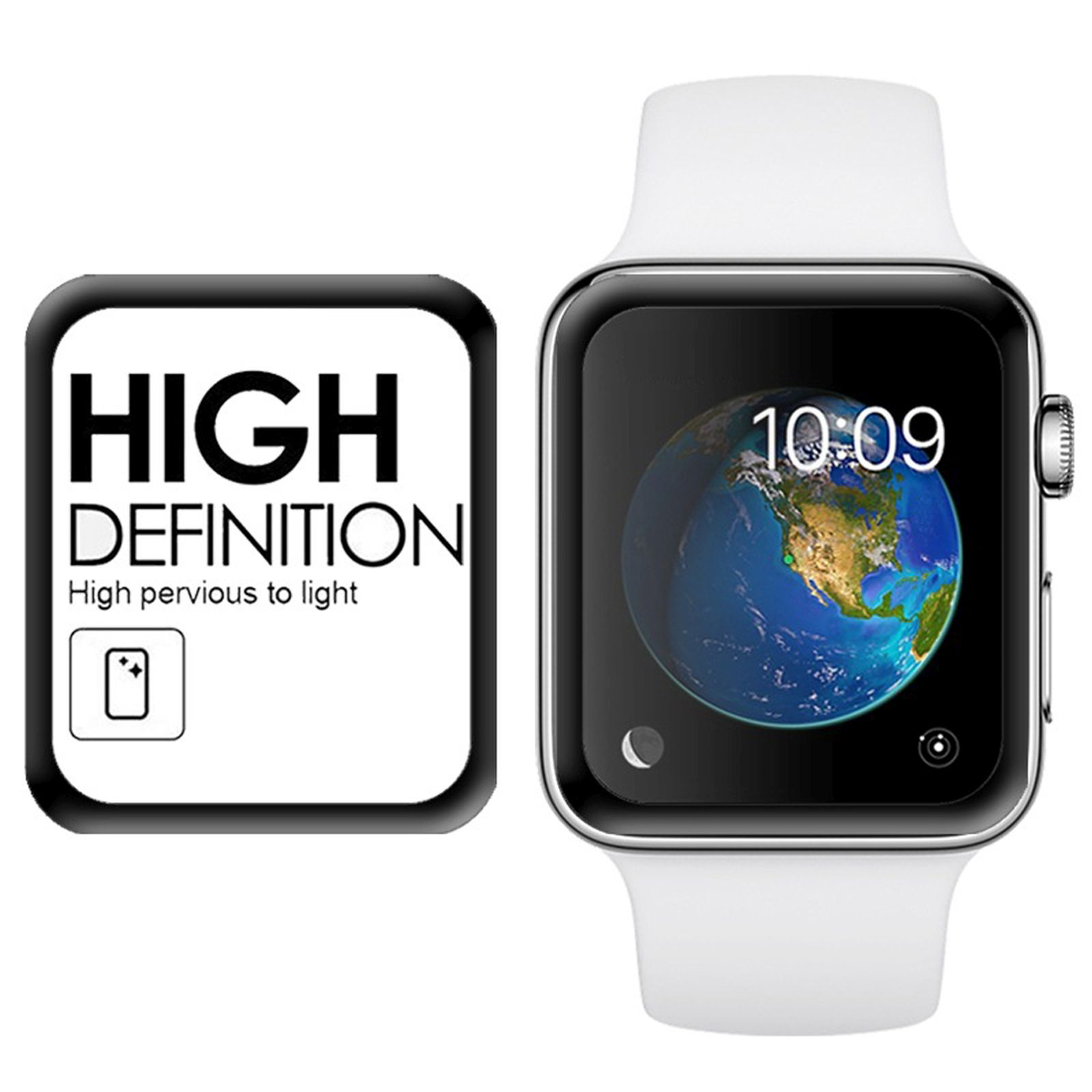 Eine Smartwatch mit weißem Armband zeigt eine Weltkarte. Links ist eine 'High Definition' Displayschutzfolie.
