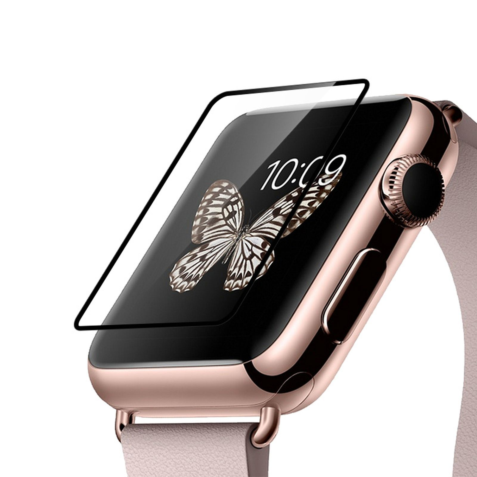 Roségoldene Apple Watch mit Schmetterling auf dem Bildschirm, Zeit 10:09. Eine Displayschutzfolie ist aufgebracht.