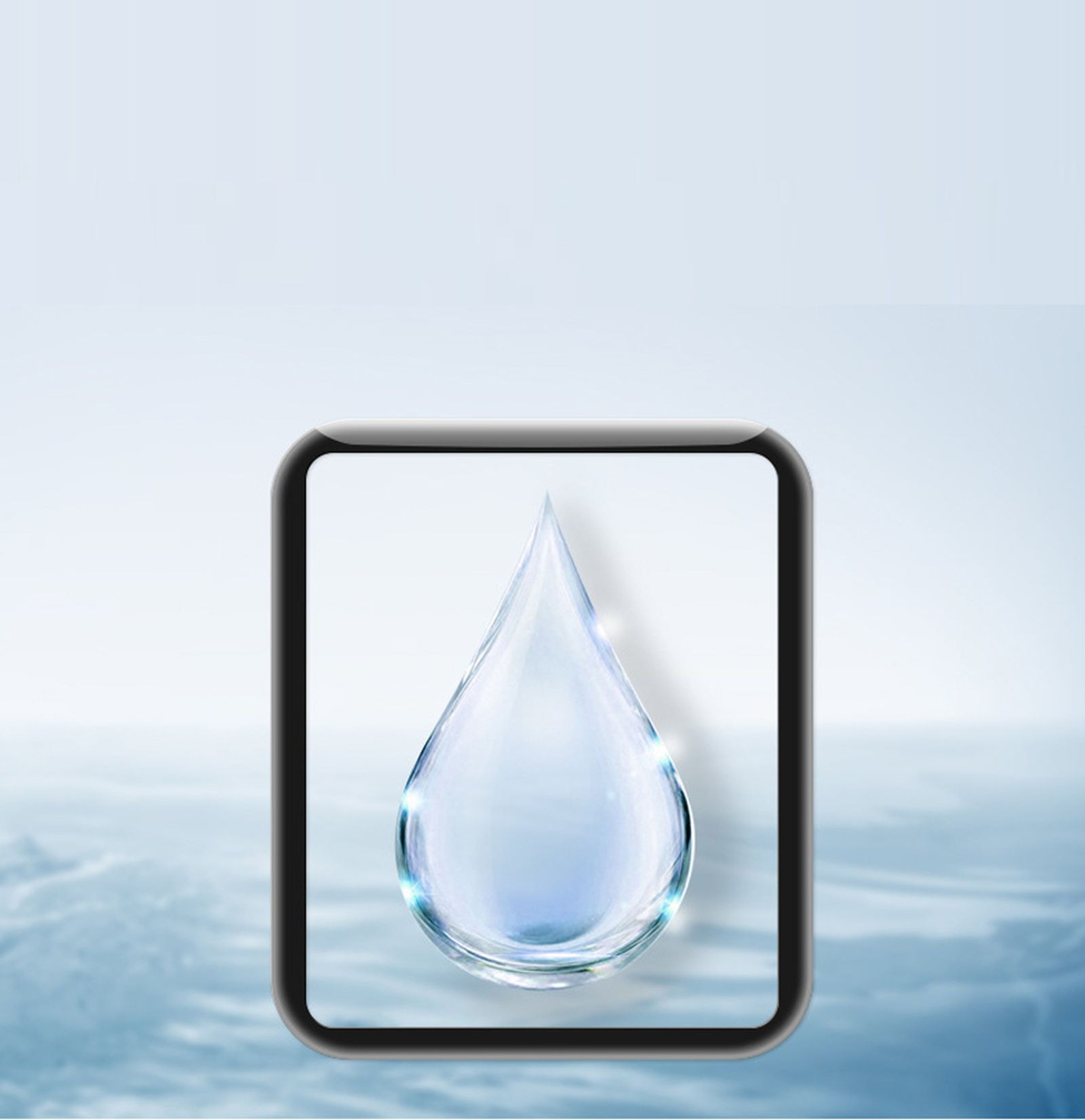 Illustration eines Wassertropfens in einem Rahmen. Der Hintergrund hat Wassertexturen und einen hellblauen Farbverlauf.