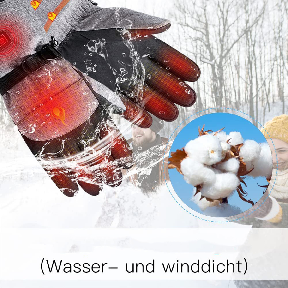 Beheizte Handschuhe mit Wassereffekt. Baumwollblüte in blauem Kreis. Verschwommener Winterhintergrund mit Menschen.