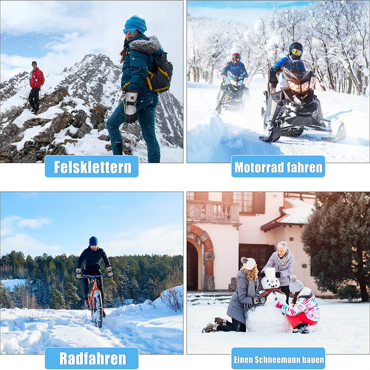 Menschen, die Winteraktivitäten wie Wandern, Schneemobilfahren, Radfahren und Schneemannbauen in verschneiten Landschaften ausüben.