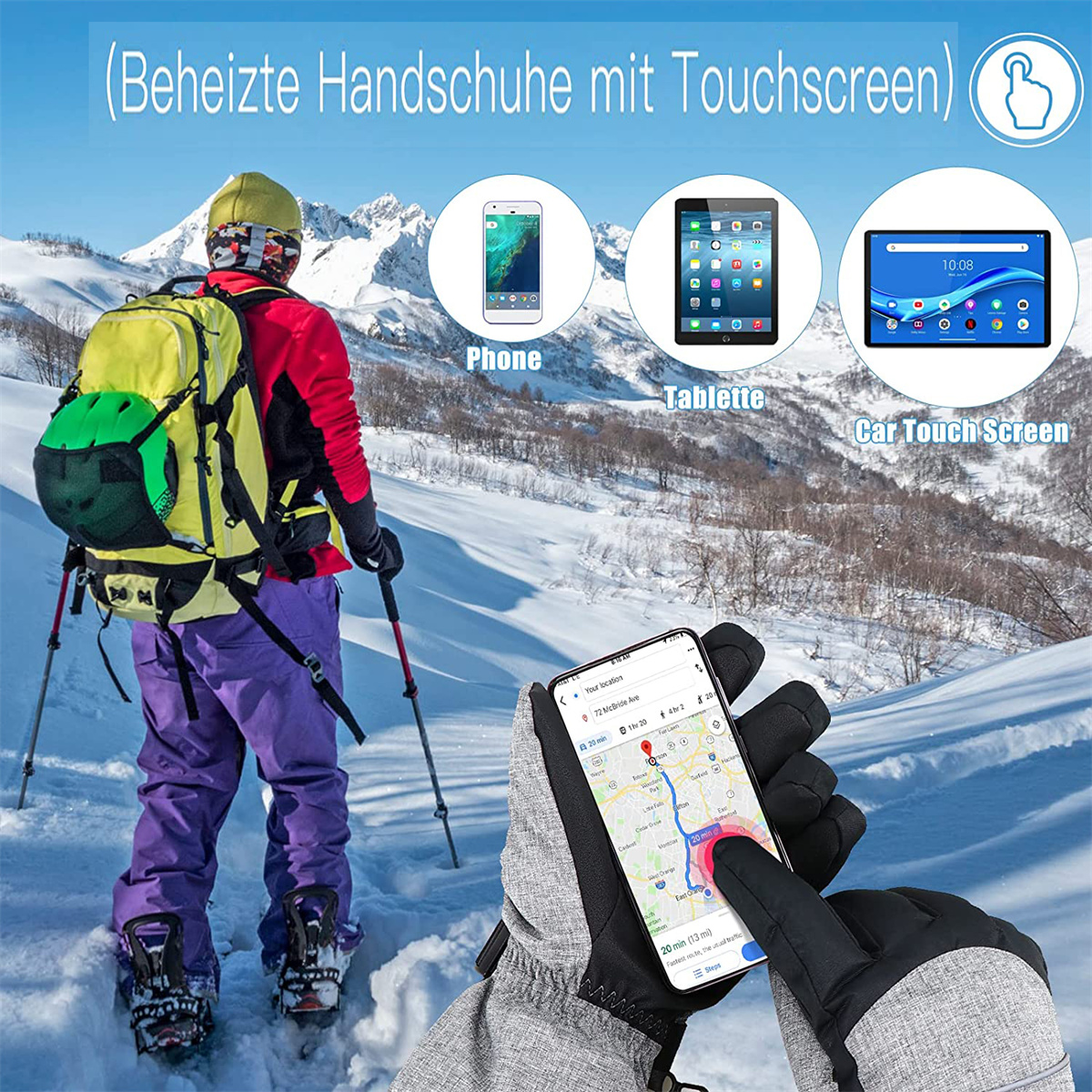 Person in Schneeausrüstung benutzt Touchscreen-Handschuhe mit einem Telefon, das eine Karte anzeigt, verschneiter Berg im Hintergrund.