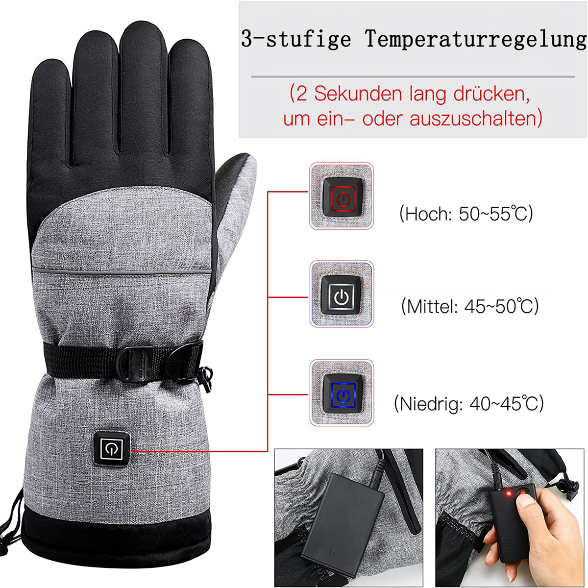 Ein grau-schwarzer beheizter Handschuh mit Ein-/Aus-Knopf, Temperatureinstellungen und Diagrammen. Zeigt Akku und Hand mit Fernbedienung.