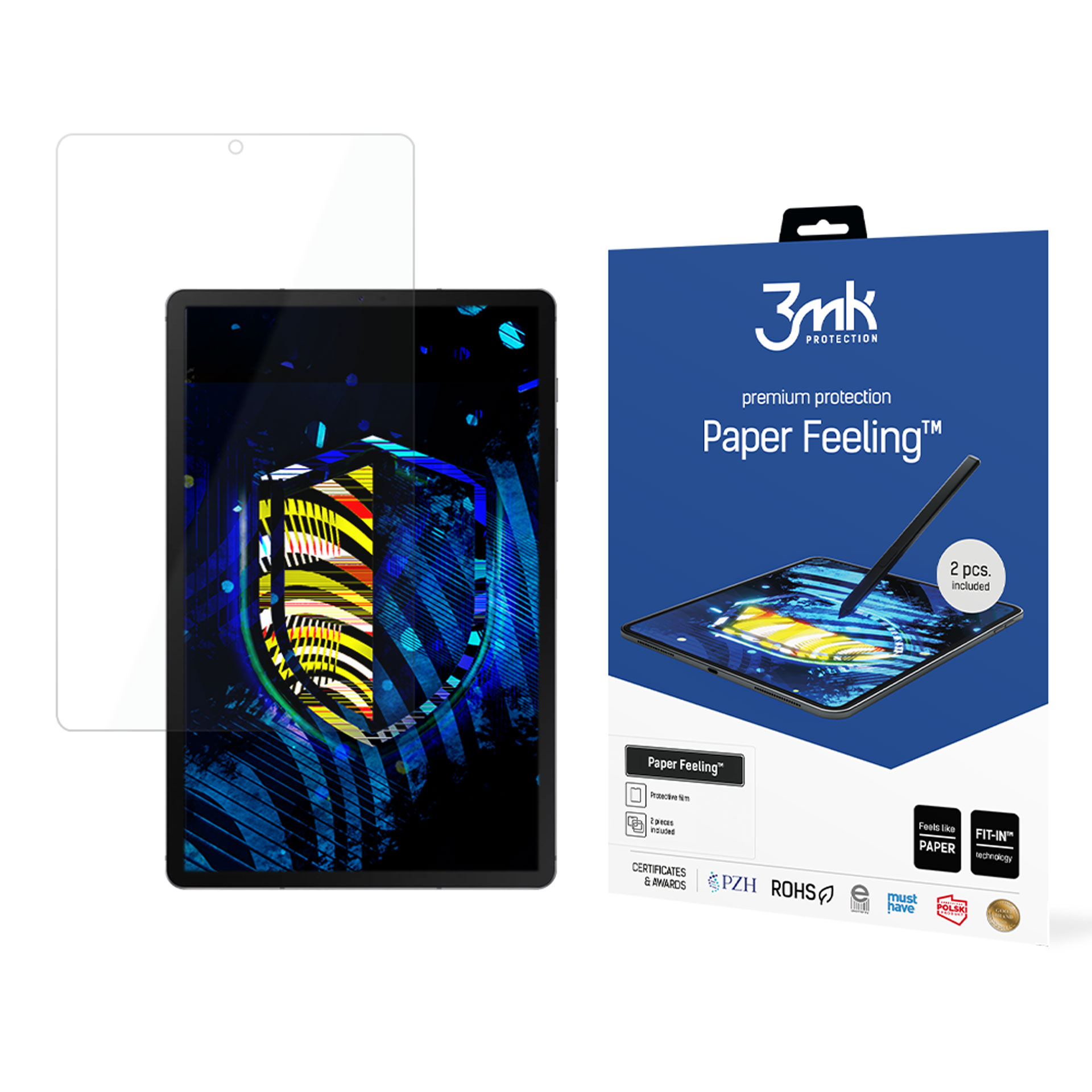 Tablet mit Displayschutz, Karton mit Produktinformationen. Der Schutz verspricht 'Papiergefühl'.