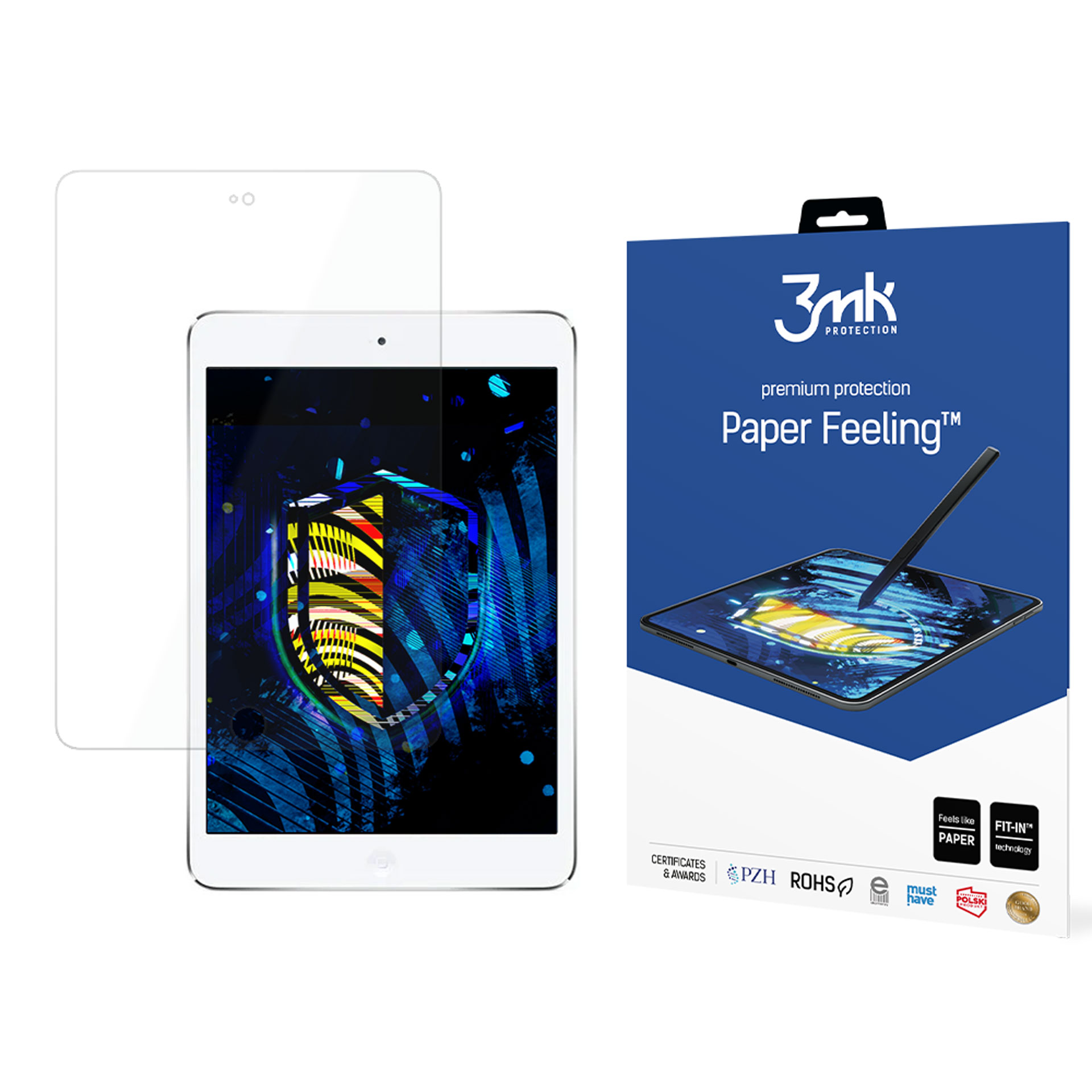 Ein Tablet mit Displayschutzfolie und einer Produktbox. Die Box zeigt ein Tablet mit Stift. Der Displayschutz ist klar.