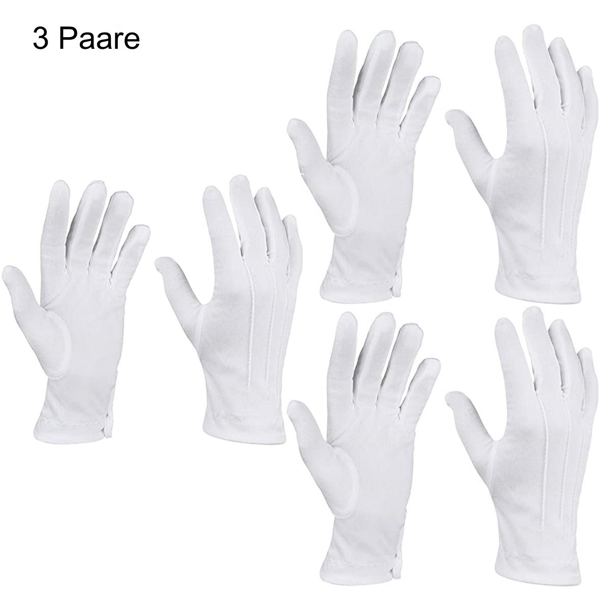 Sechs weiße Handschuhe werden gezeigt. Die Handschuhe sind in zwei Reihen angeordnet, mit den Fingern nach oben. Oben steht '3 Paare'.