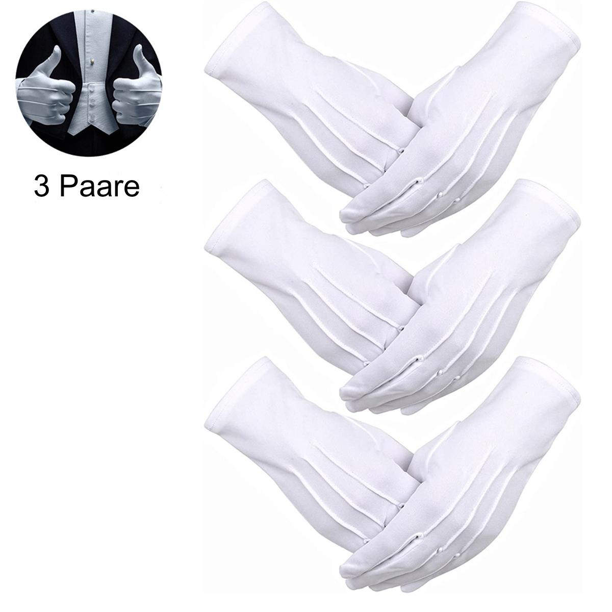 Drei Paar weißer Handschuhe werden gezeigt. Ein kreisförmiges Bild zeigt eine Person im Smoking mit Daumen hoch. Text: 3 Paare.