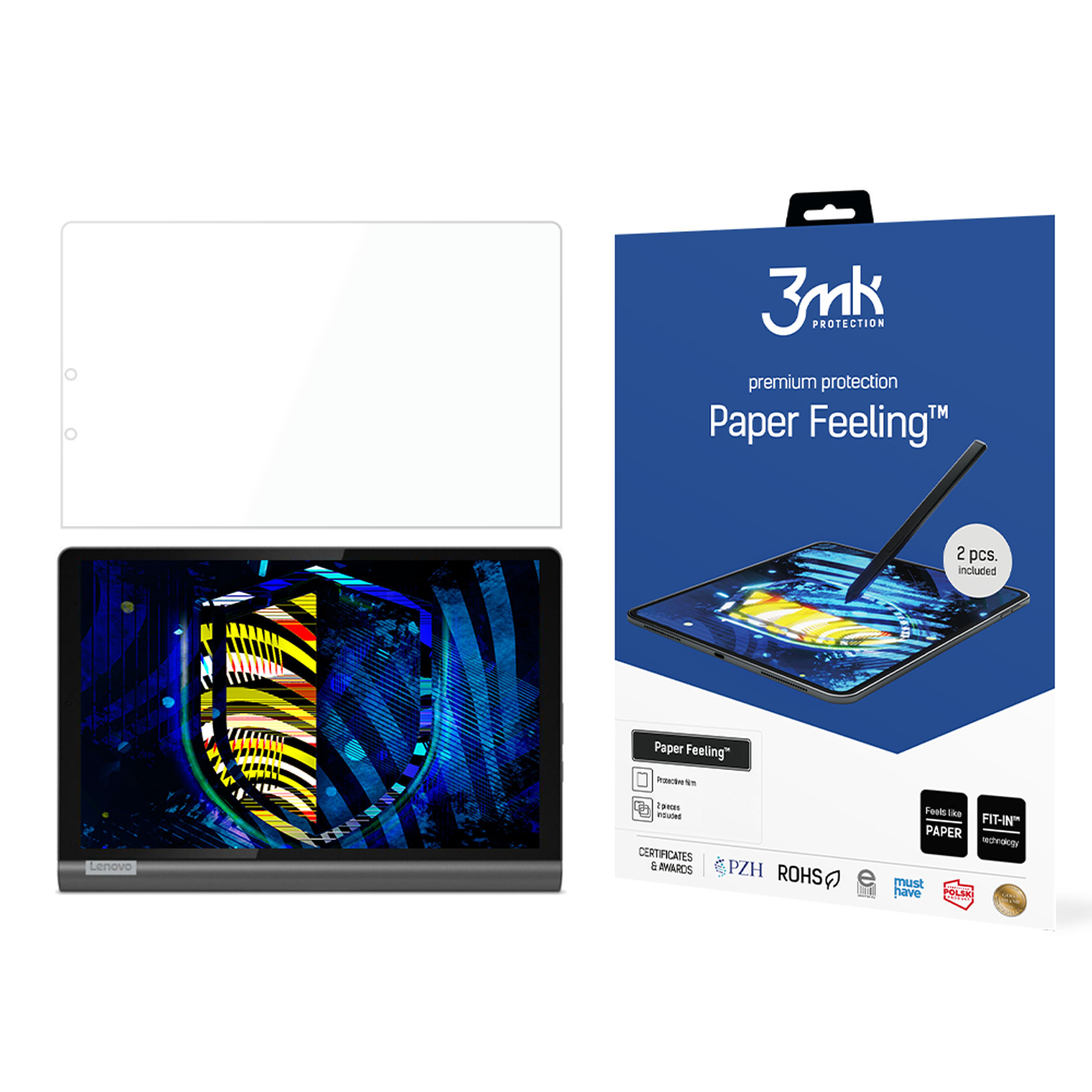 L'immagine mostra un tablet, una protezione per lo schermo e una confezione con la scritta 'Paper Feeling'.