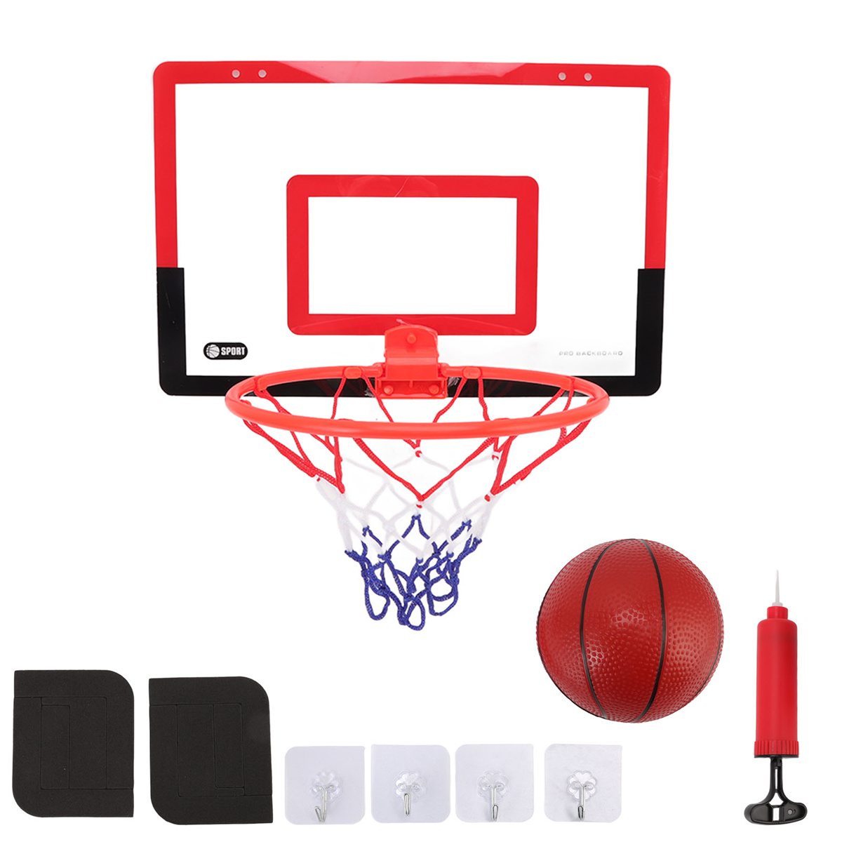 Ein Basketballkorb-Set mit rotem Korb, Rückwand, Netz, Ball, Pumpe und Zubehör, alles vor weißem Hintergrund.