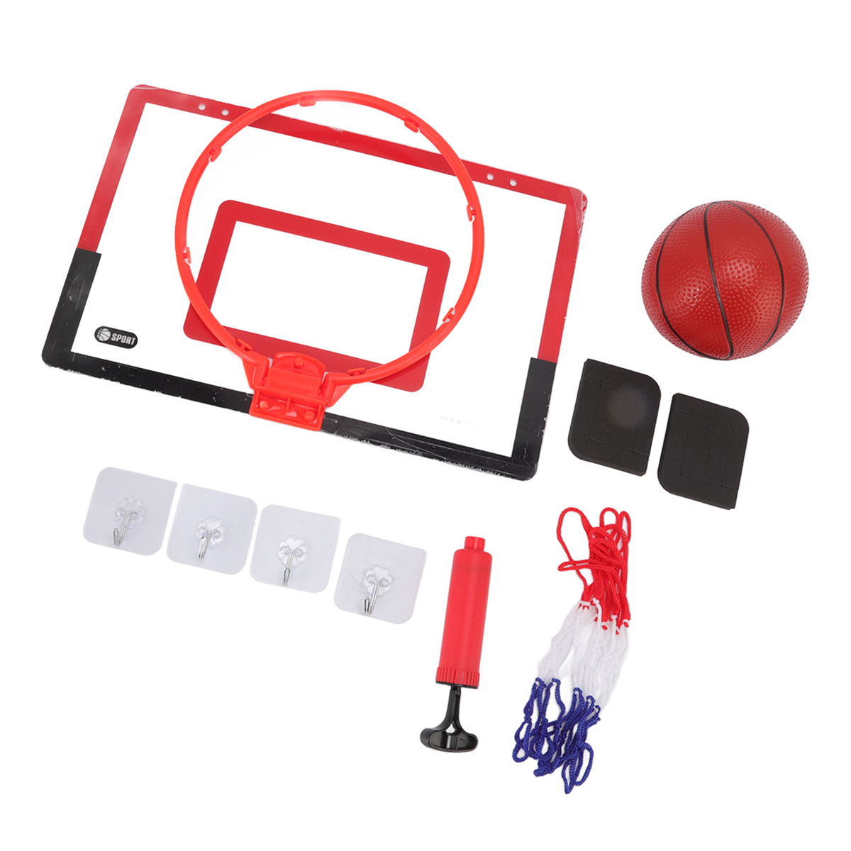 Ein Basketballkorb-Set, bestehend aus rotem Korb, Rückwand, Ball, Netz, Pumpe und Klebehaken, alles auf weißem Hintergrund.