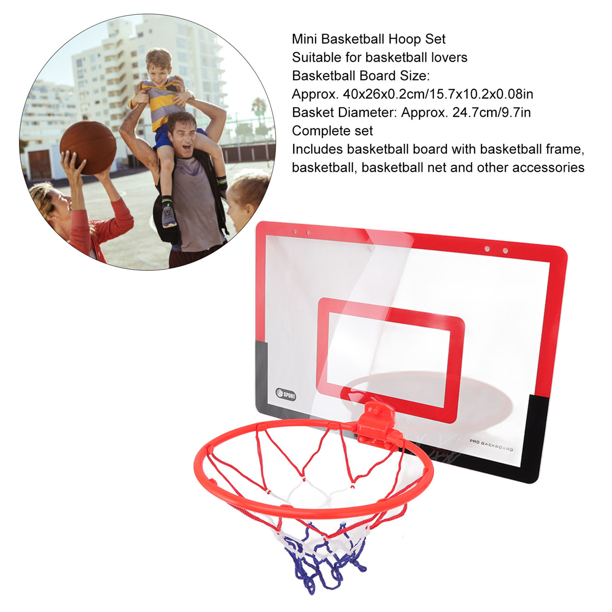 Eine Familie spielt Basketball. Ein Reifen-Set wird angezeigt. Ein Kind sitzt auf den Schultern eines Mannes. Eine Frau wirft einen Ball.