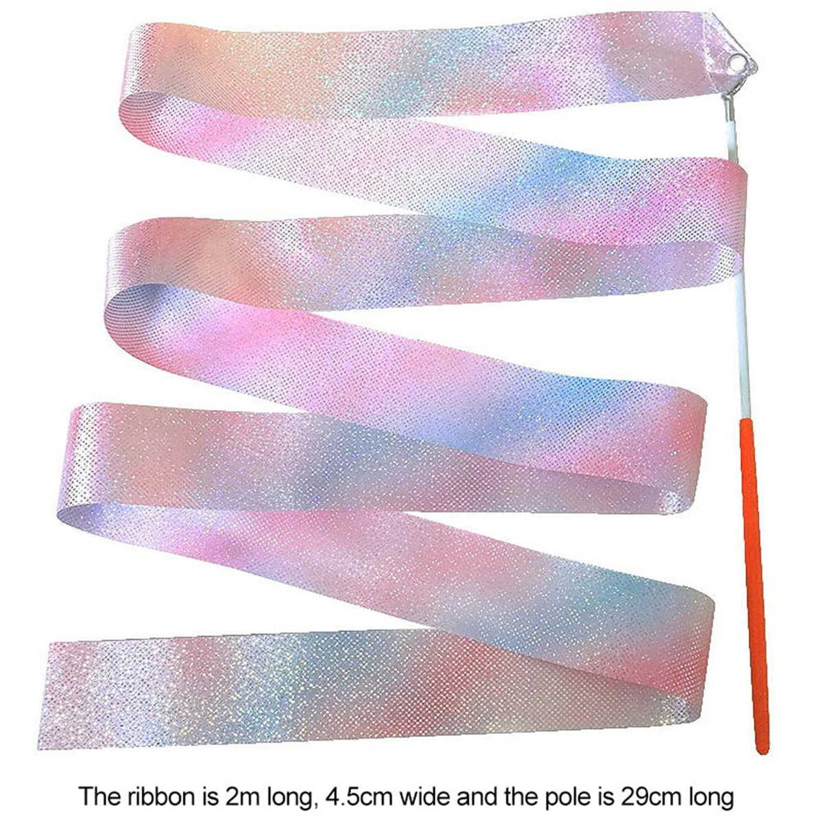 Ein schimmerndes Band in Rosa und Blau wird von einer weiß-orangenen Stange gehalten. Das Band ist lang und wellig.