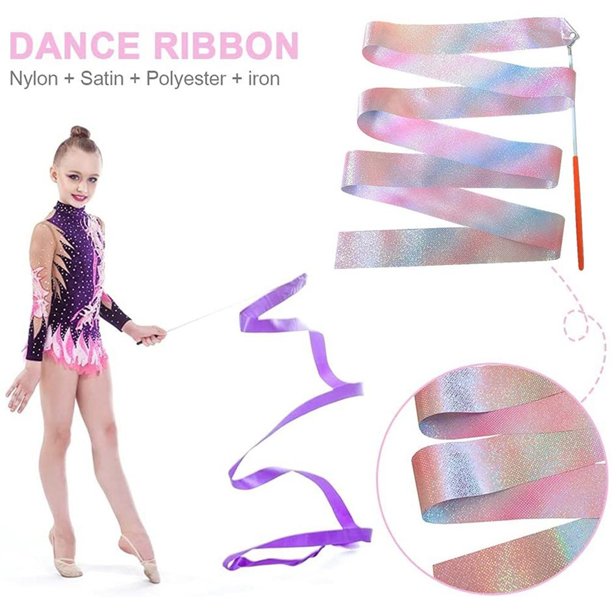 Ein Mädchen in einem Tanzkostüm hält ein lila Band. Andere Bänder werden gezeigt, einige mit einem Stock. Text sagt 'DANCE RIBBON'.
