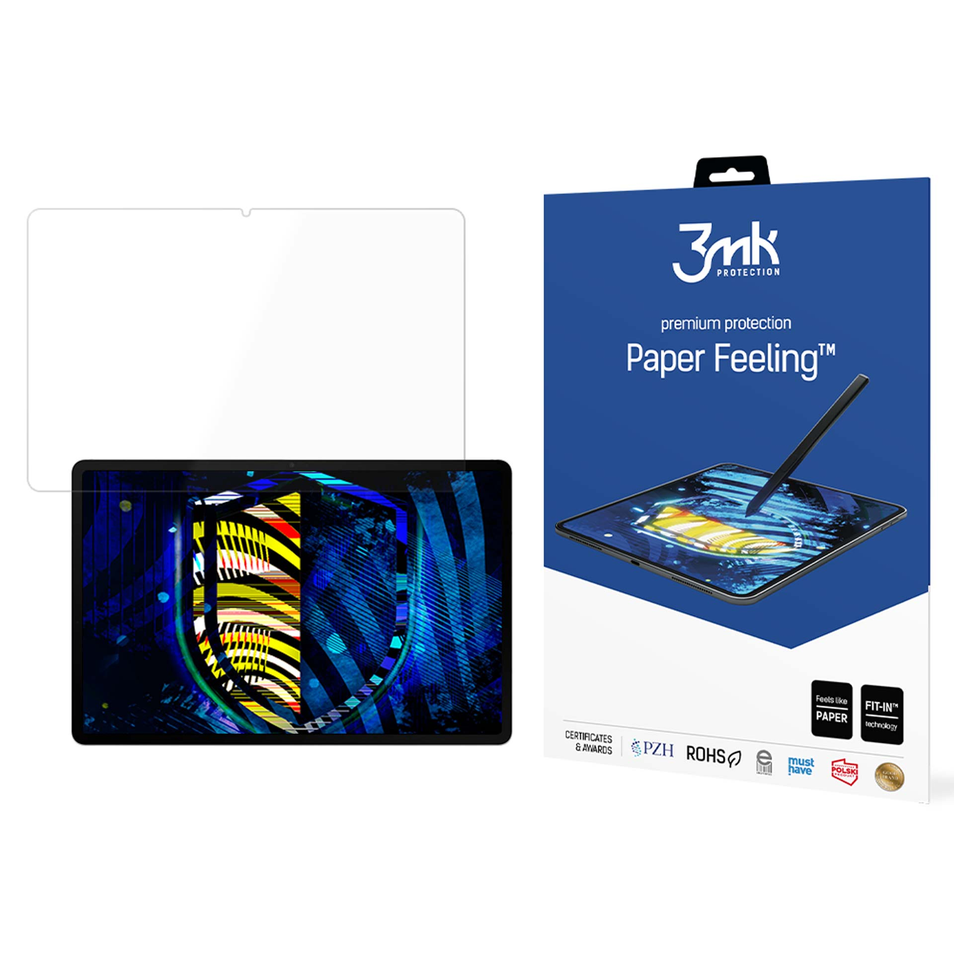 Un tablet con una protezione schermo accanto alla sua scatola. La scatola pubblicizza la protezione 'Paper Feeling'.
