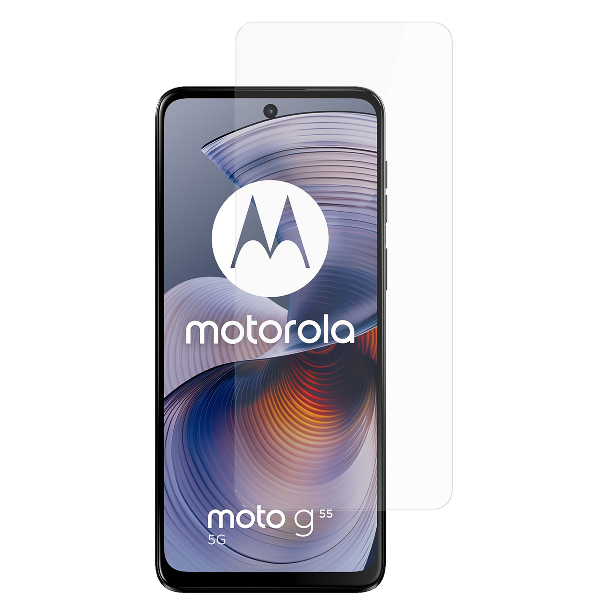 Ein Motorola Moto G55 5G Smartphone mit Displayschutzfolie. Auf dem Bildschirm ist das Motorola-Logo und 'moto g55' zu sehen.