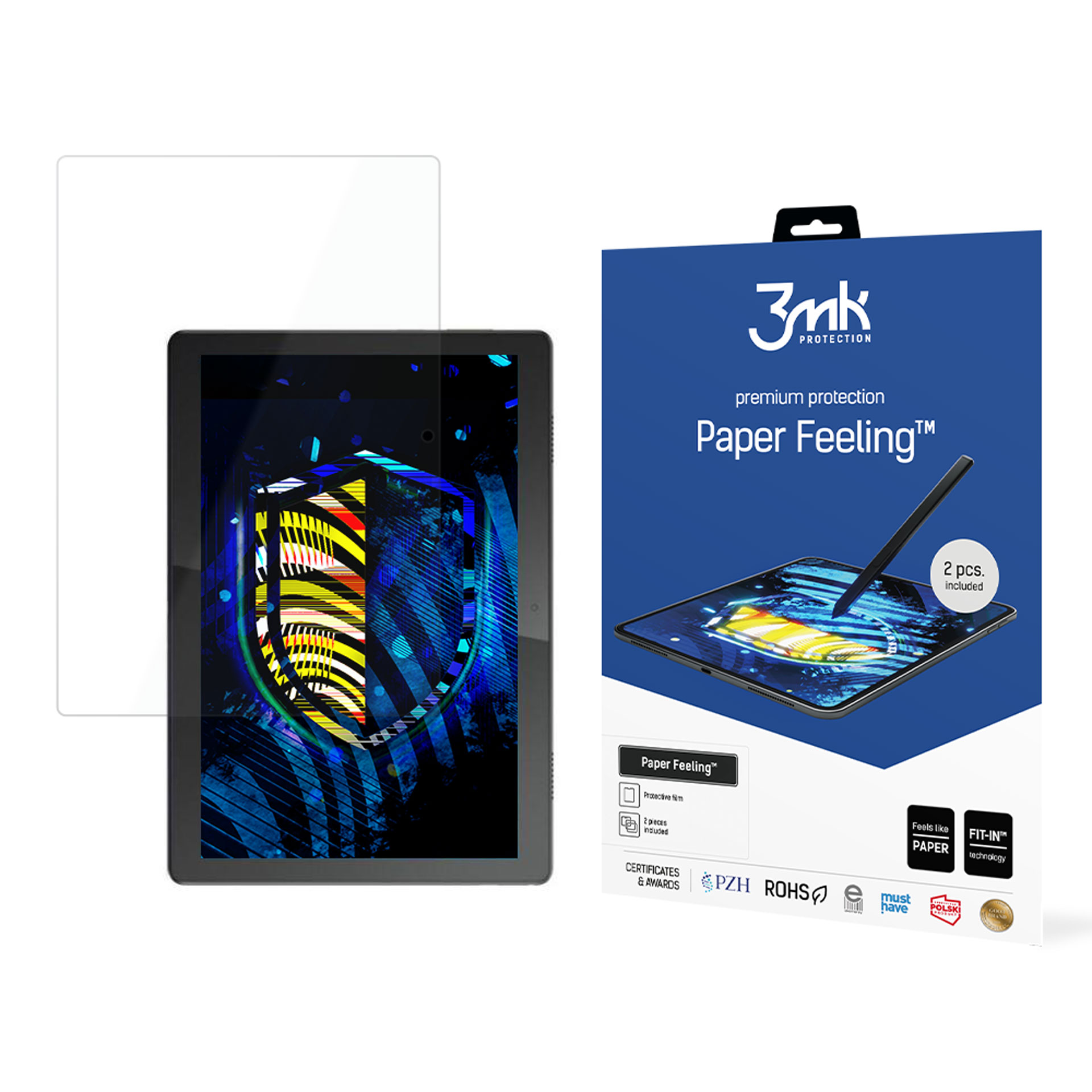 Tablet mit Displayschutzfolie und Verpackung. Auf der Box steht Paper Feeling und enthält einen Stift und zwei Teile.