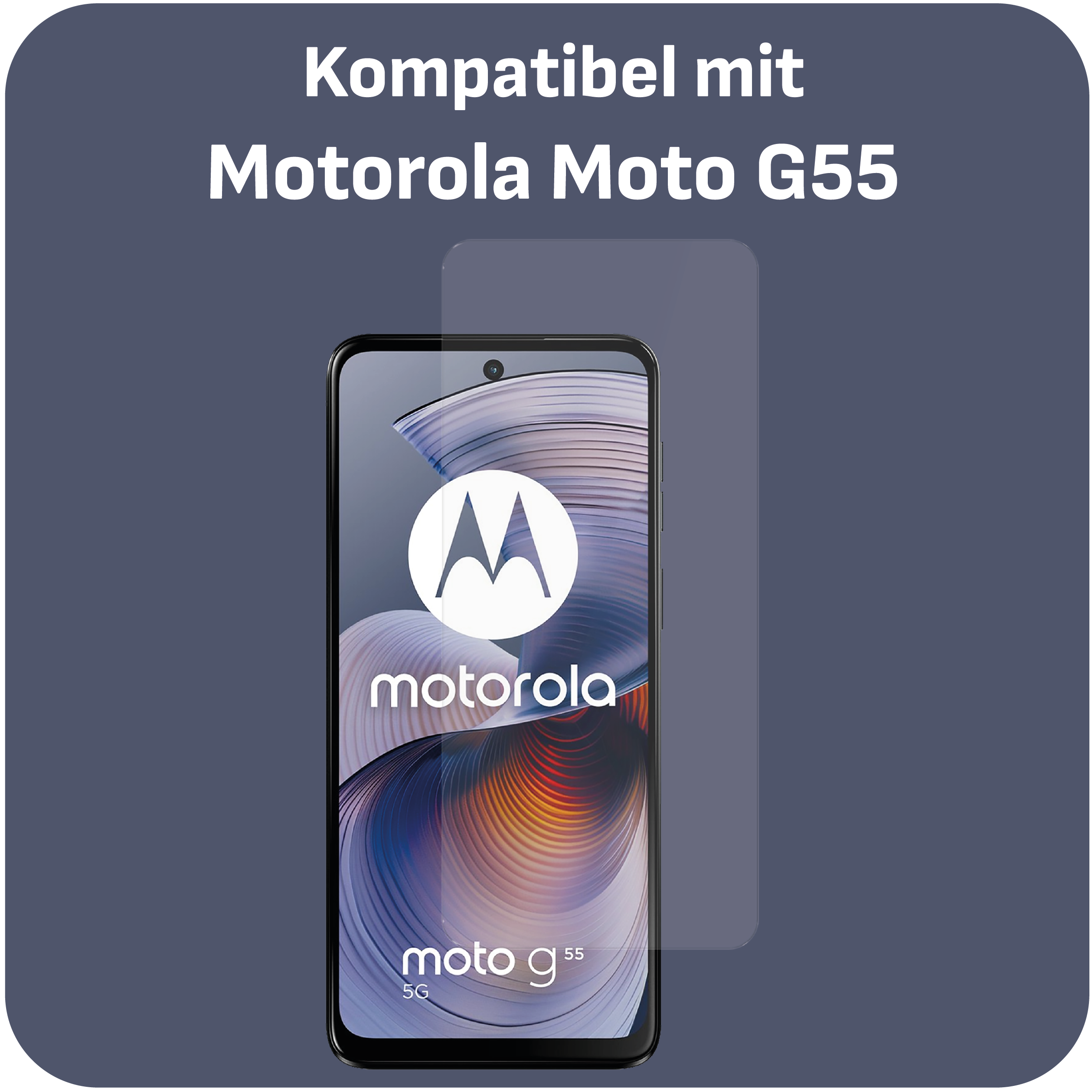 Motorola Moto G55 Smartphone mit Displayschutzfolie, zentriert auf grauem Hintergrund, Text oben.