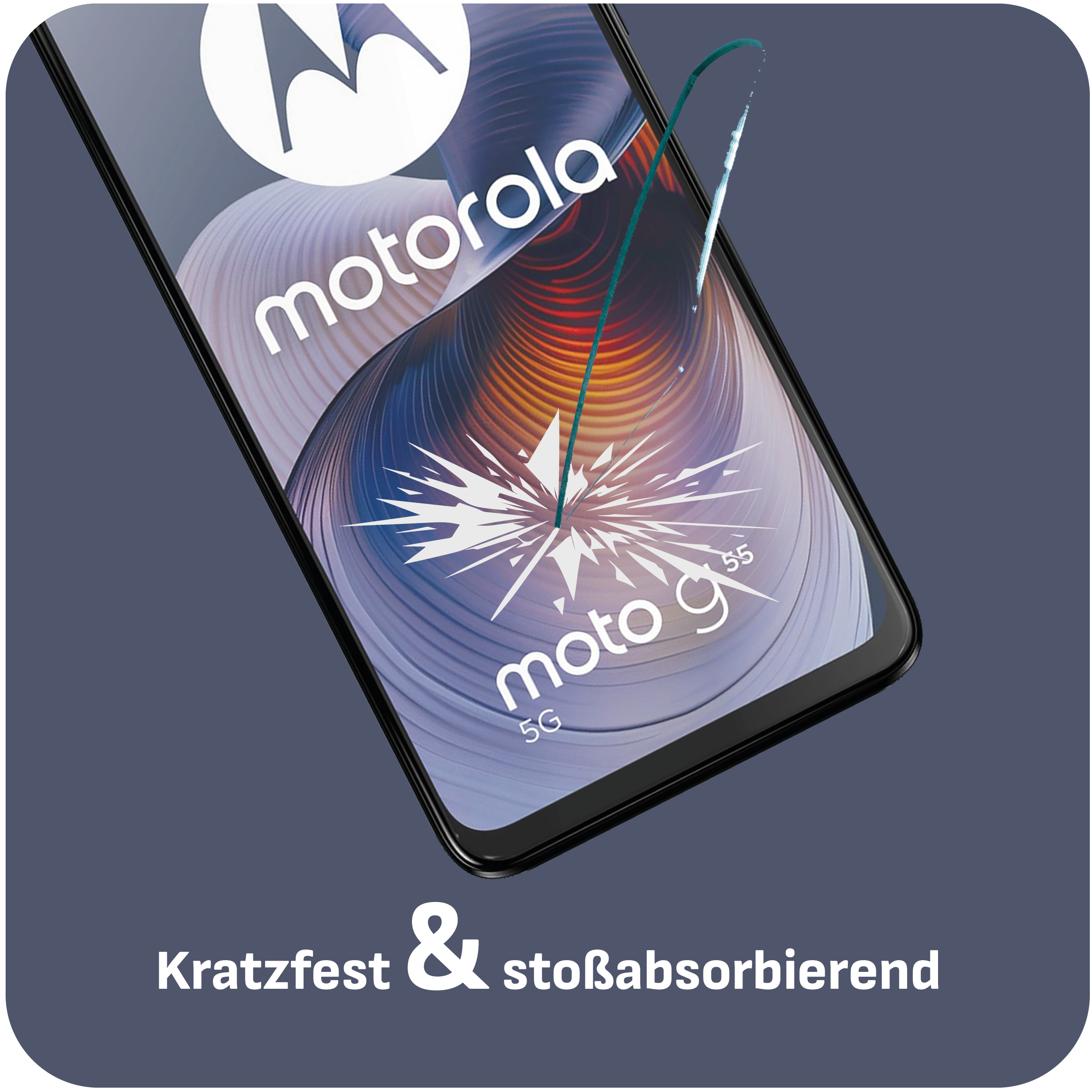 Ein Motorola-Telefon zeigt seinen Bildschirm mit dem Moto G55-Logo. Text unten: kratzfest & stoßabsorbierend.