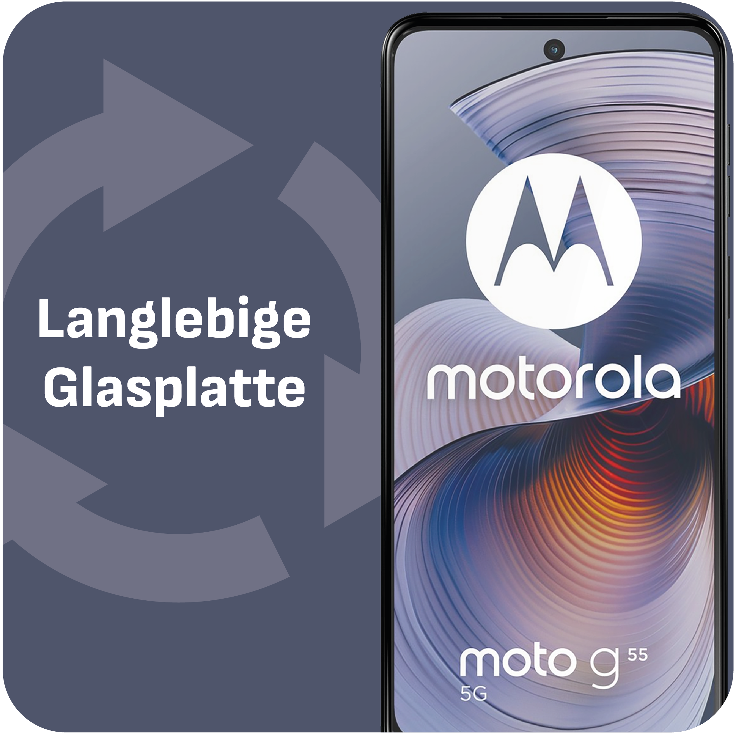 Ein Motorola Moto G55-Telefon wird angezeigt. Der Bildschirm zeigt ein Logo. Links steht 'Langlebige Glasplatte'.