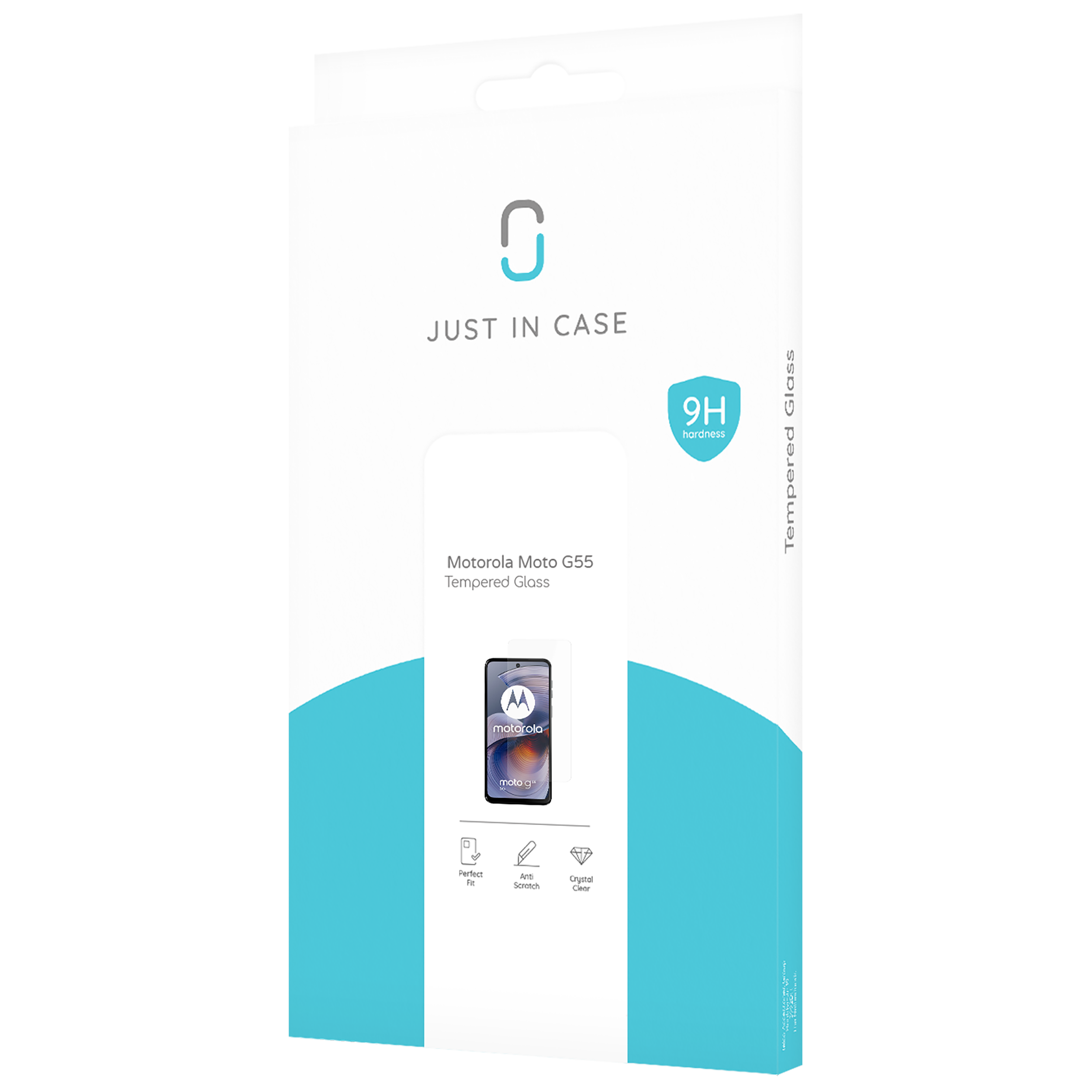 Eine Displayschutzfolien-Verpackung mit Telefonbild, Text und Symbolen auf weißem und blauem Hintergrund.