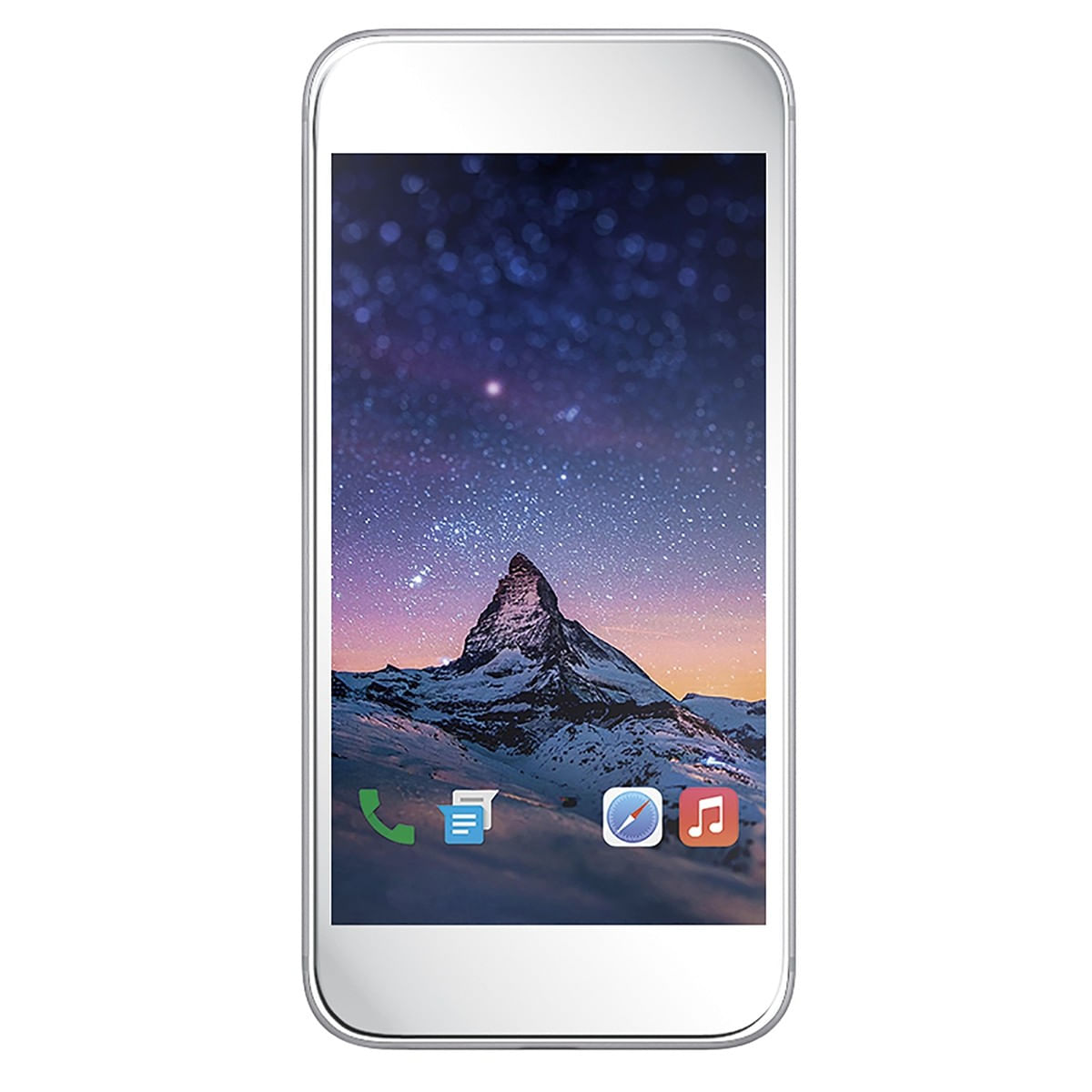 Smartphone che mostra una scena notturna stellata con una montagna. Icone in basso: telefono, posta, bussola e nota musicale.