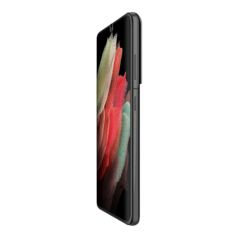 Uno smartphone, vista angolata. Lo schermo mostra forme astratte colorate. Il lato del telefono presenta pulsanti. Lo sfondo è bianco.