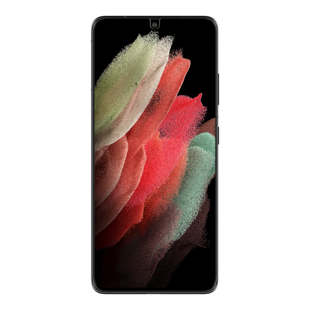 Uno smartphone con cornice nera mostra arte astratta colorata in tonalità rosse, verdi e beige su sfondo nero.