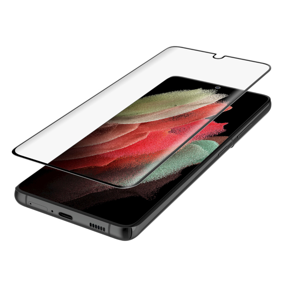 Uno smartphone con protezione schermo. Il telefono è nero, la protezione è trasparente. Lo schermo mostra colori rosso, verde e nero.