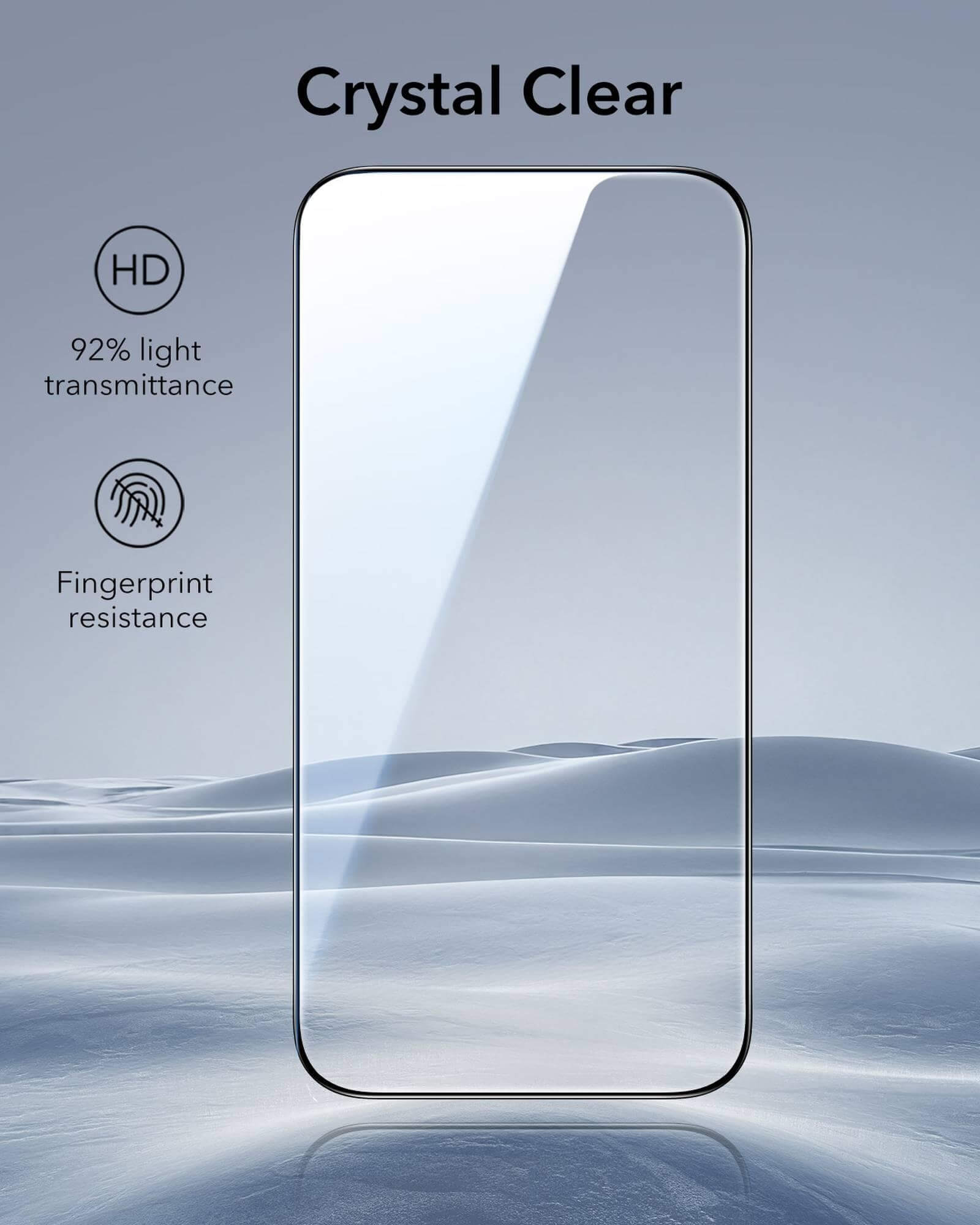 Ein klarer Displayschutz mit Text: Crystal Clear, HD, 92 % Lichtdurchlässigkeit und Fingerabdruckresistenz.