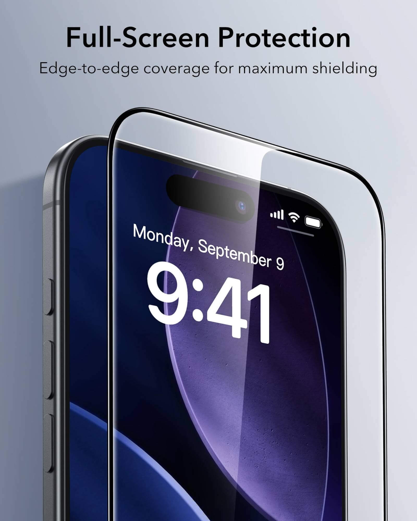 Ein Telefon mit Displayschutz. Der Bildschirm zeigt Uhrzeit und Datum. Der Titel lautet "Full-Screen Protection".