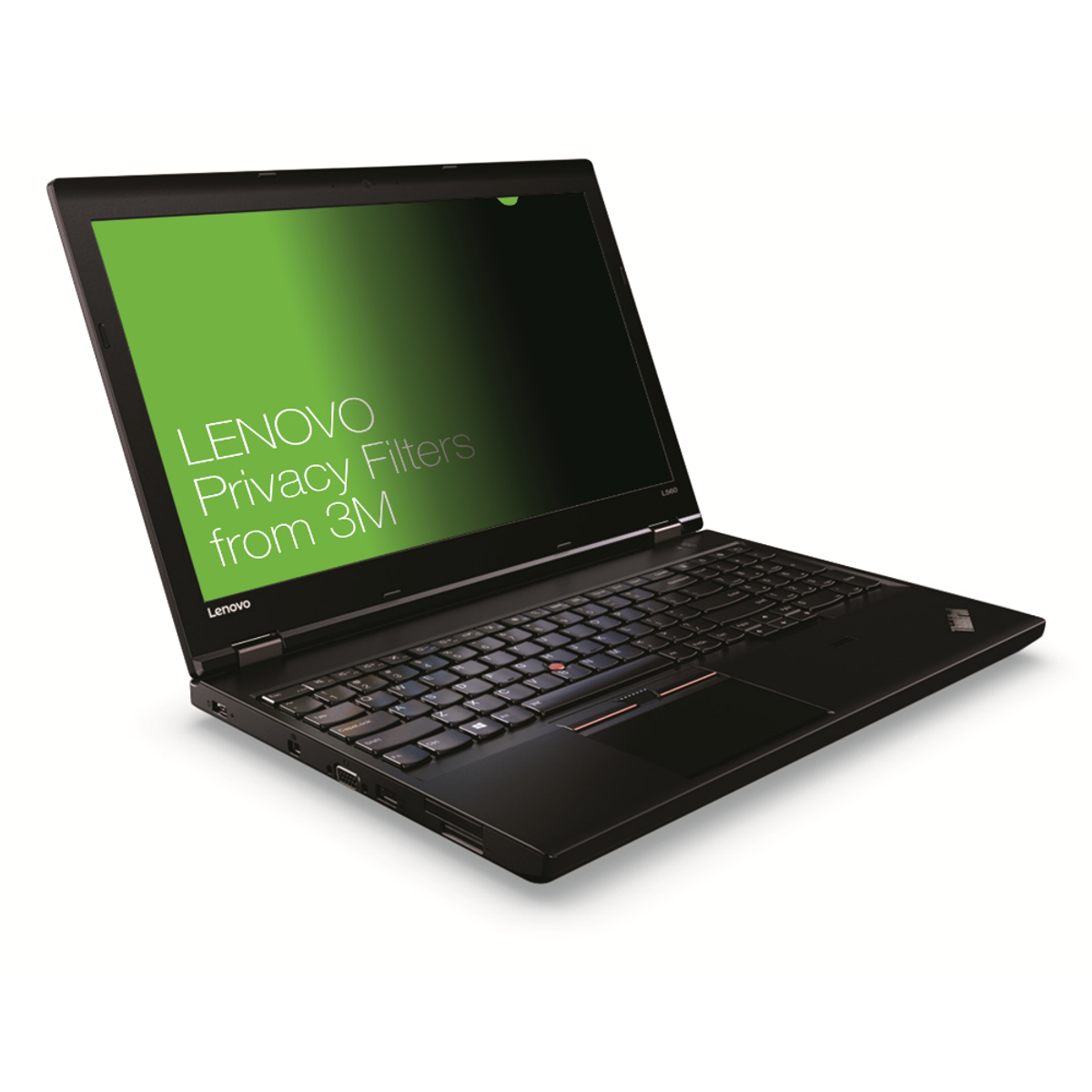 Un laptop Lenovo nero con schermo verde che mostra 'LENOVO Privacy Filters from 3M'. Lo schermo è aperto, tastiera visibile.