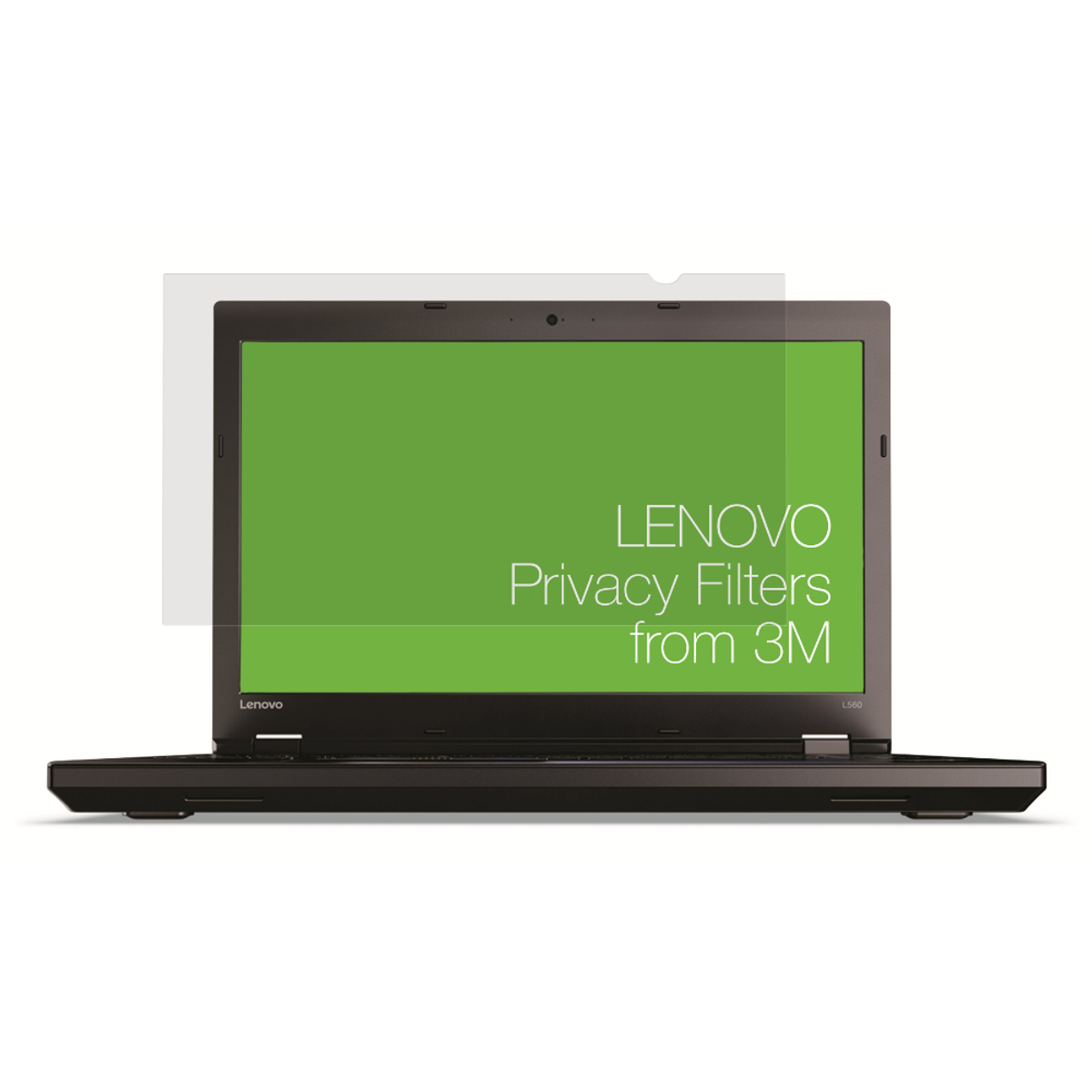 Un laptop Lenovo con schermo privacy. Lo schermo mostra 'LENOVO Privacy Filters from 3M' su sfondo verde.