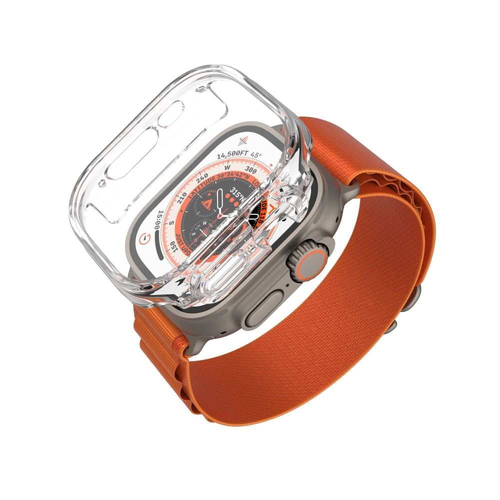 Eine Apple Watch Ultra mit transparentem Gehäuse und orangefarbenem Armband. Das Zifferblatt zeigt Höhe, Richtung und Zeit an.