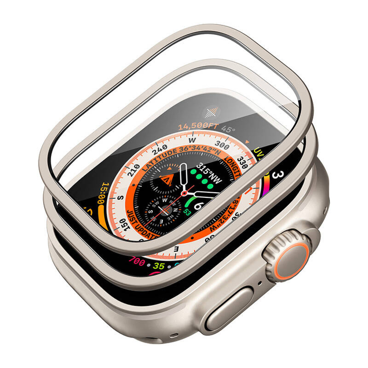 Nahaufnahme einer Smartwatch mit Schutzhülle. Das Zifferblatt zeigt Kompass- und Höheninformationen an. Die Uhr ist silber.