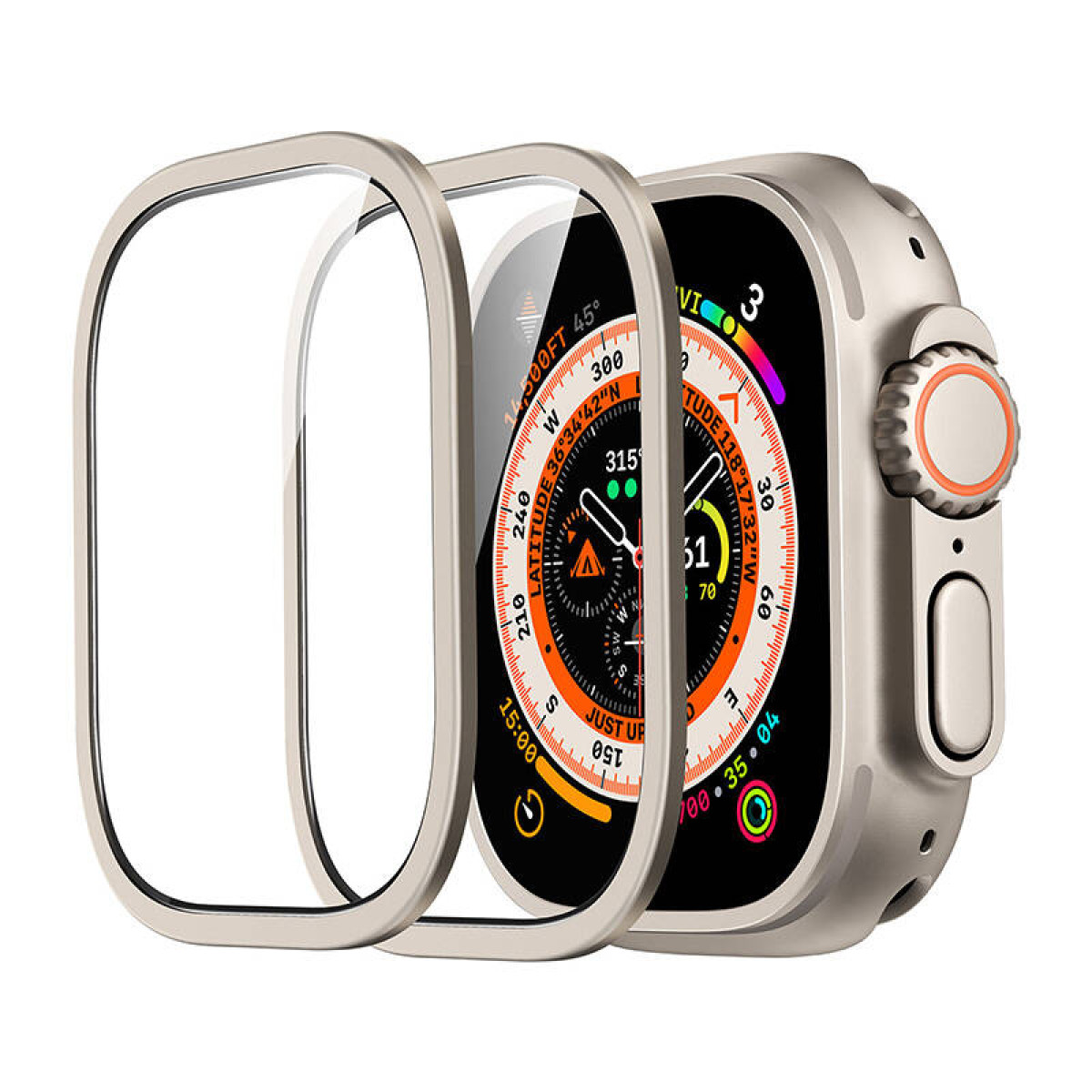 Eine metallische Uhr mit Displayschutz. Die Uhr zeigt einen Kompass und verschiedene Metriken an. Der Schutz ist transparent mit Metallrahmen.
