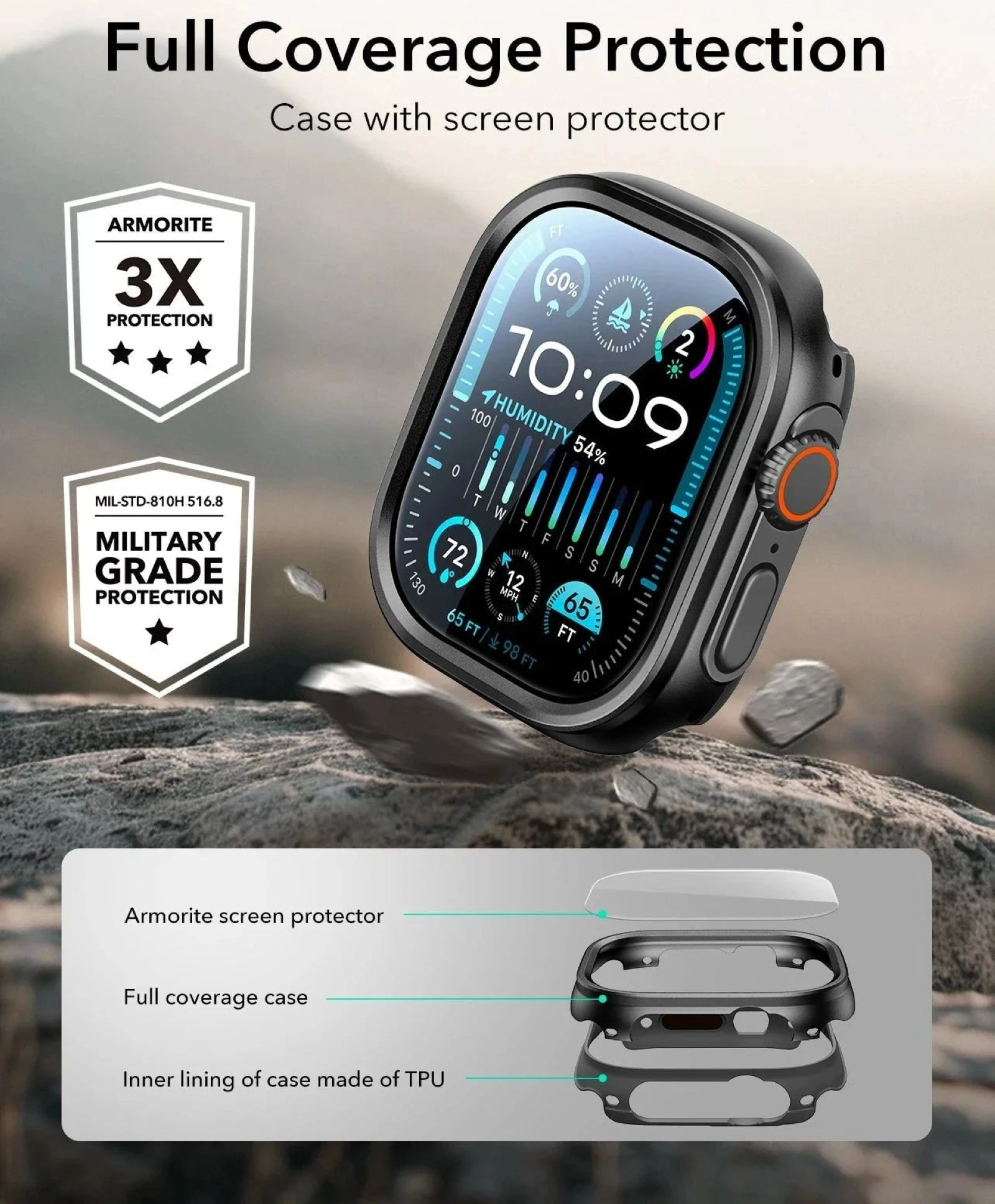 Schwarze Smartwatch mit Schutzhülle. Display zeigt Zeit und Daten. Text: Full Coverage Protection, Armorite, und Military Grade.