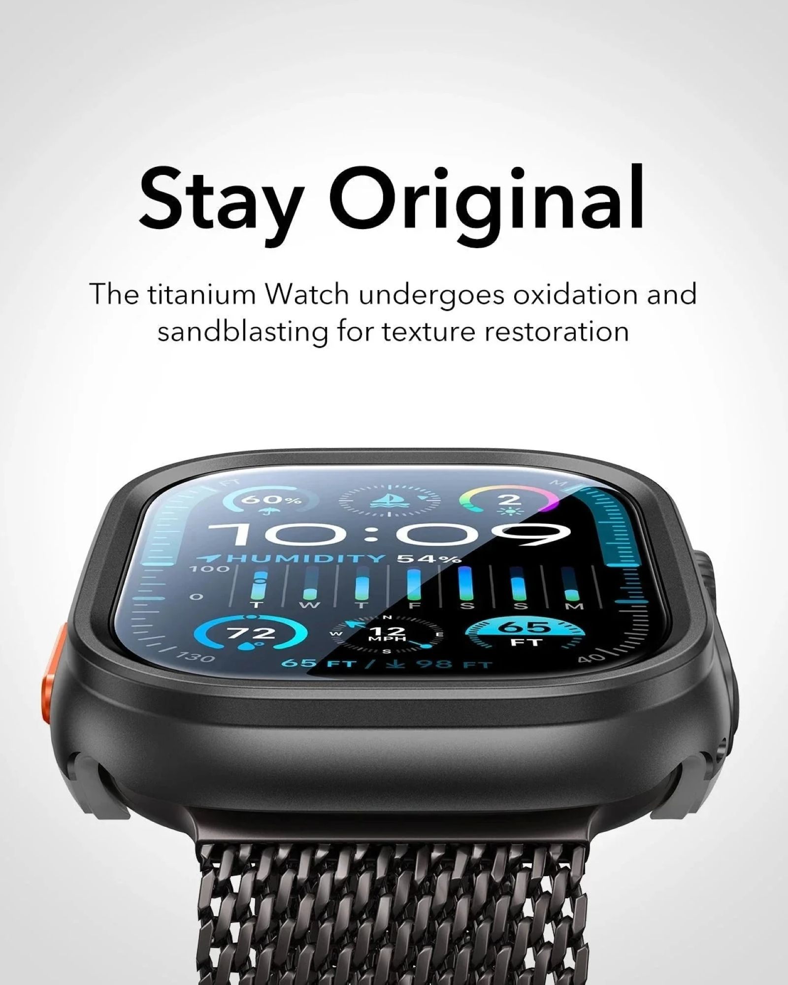 Nahaufnahme einer Smartwatch mit schwarzem Rahmen. Die Uhr zeigt Zeit, Luftfeuchtigkeit und andere Messwerte.