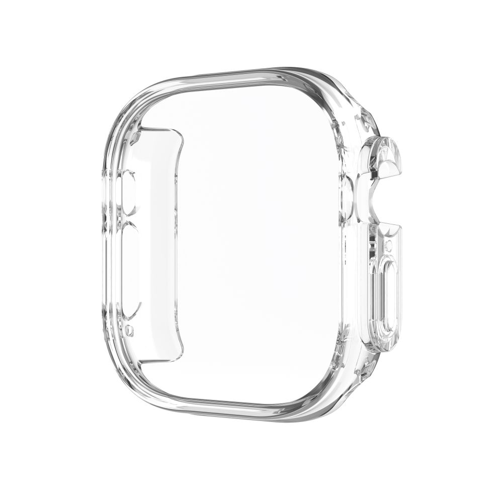 Eine klare, transparente Schutzhülle für eine Smartwatch, die ihre abgerundeten Kanten und Knopfausschnitte vor weißem Hintergrund zeigt.