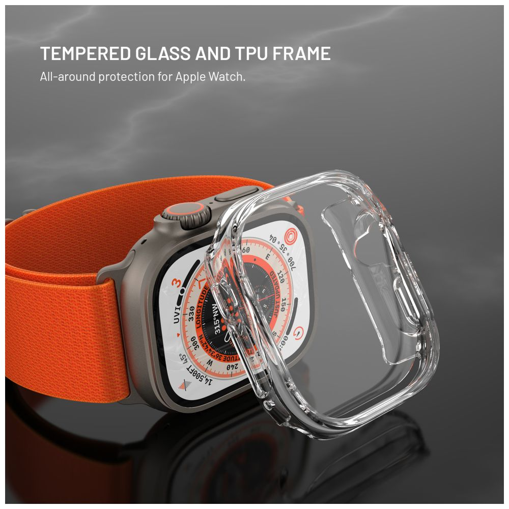 Apple Watch mit orangefarbenem Armband. Eine transparente Hülle wird über der Uhr platziert, um den Schutz hervorzuheben. Text sagt gehärtetes Glas und TPU-Rahmen.