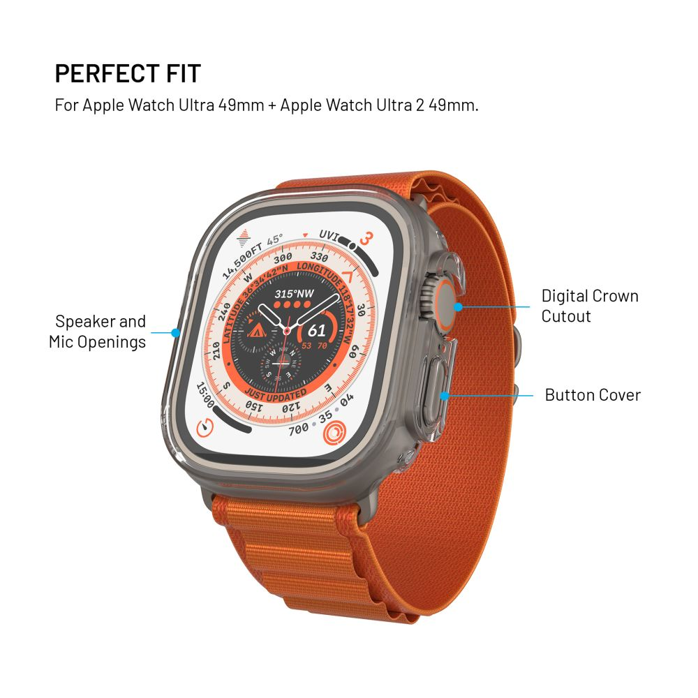Apple Watch Ultra mit orangefarbenem Armband. Das Display zeigt Kompass und Daten. Beschriftungen: Lautsprecher, Krone, Knopf.